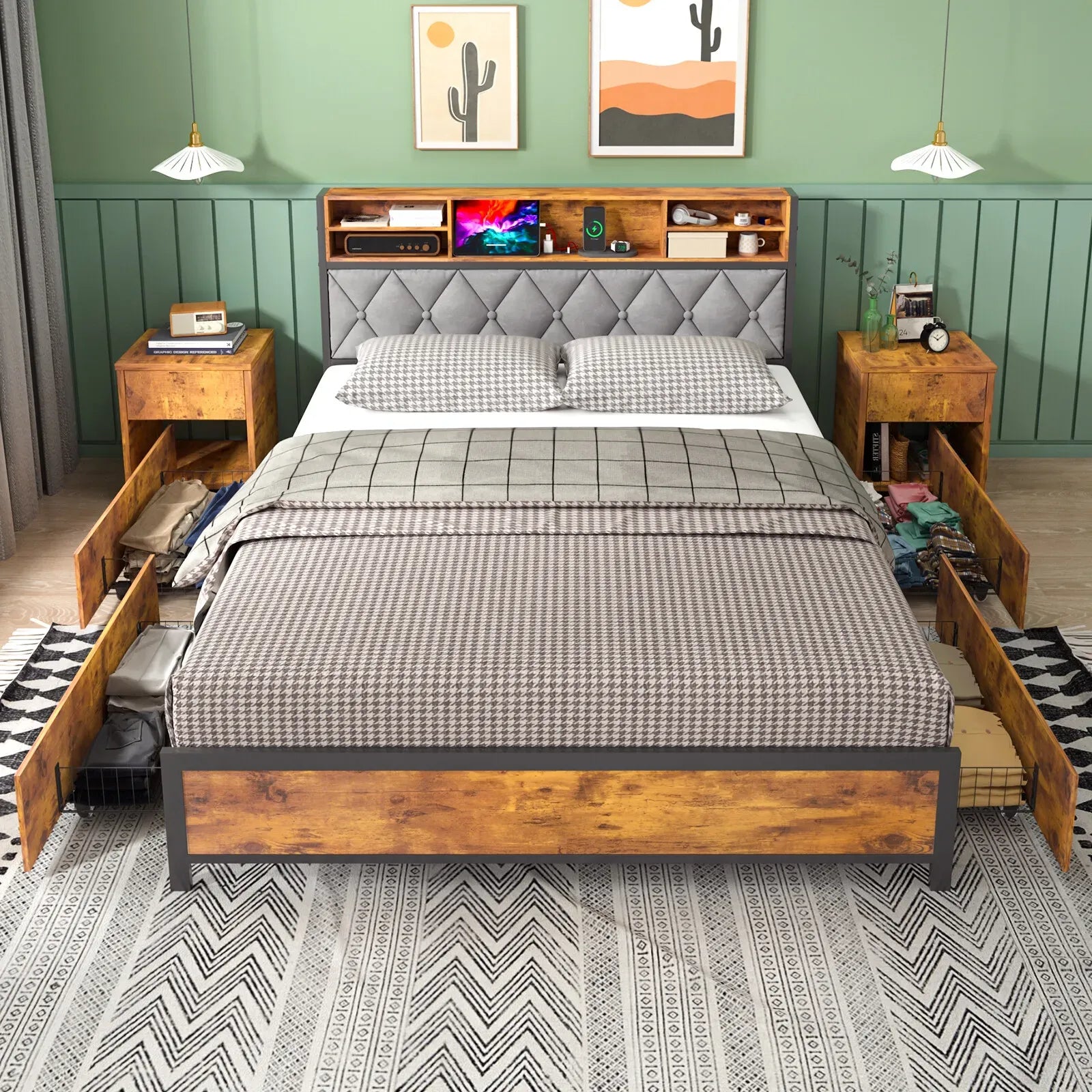Double Bed Frame with 4 Storage Drawers, Charging Station, USB Ports, Black