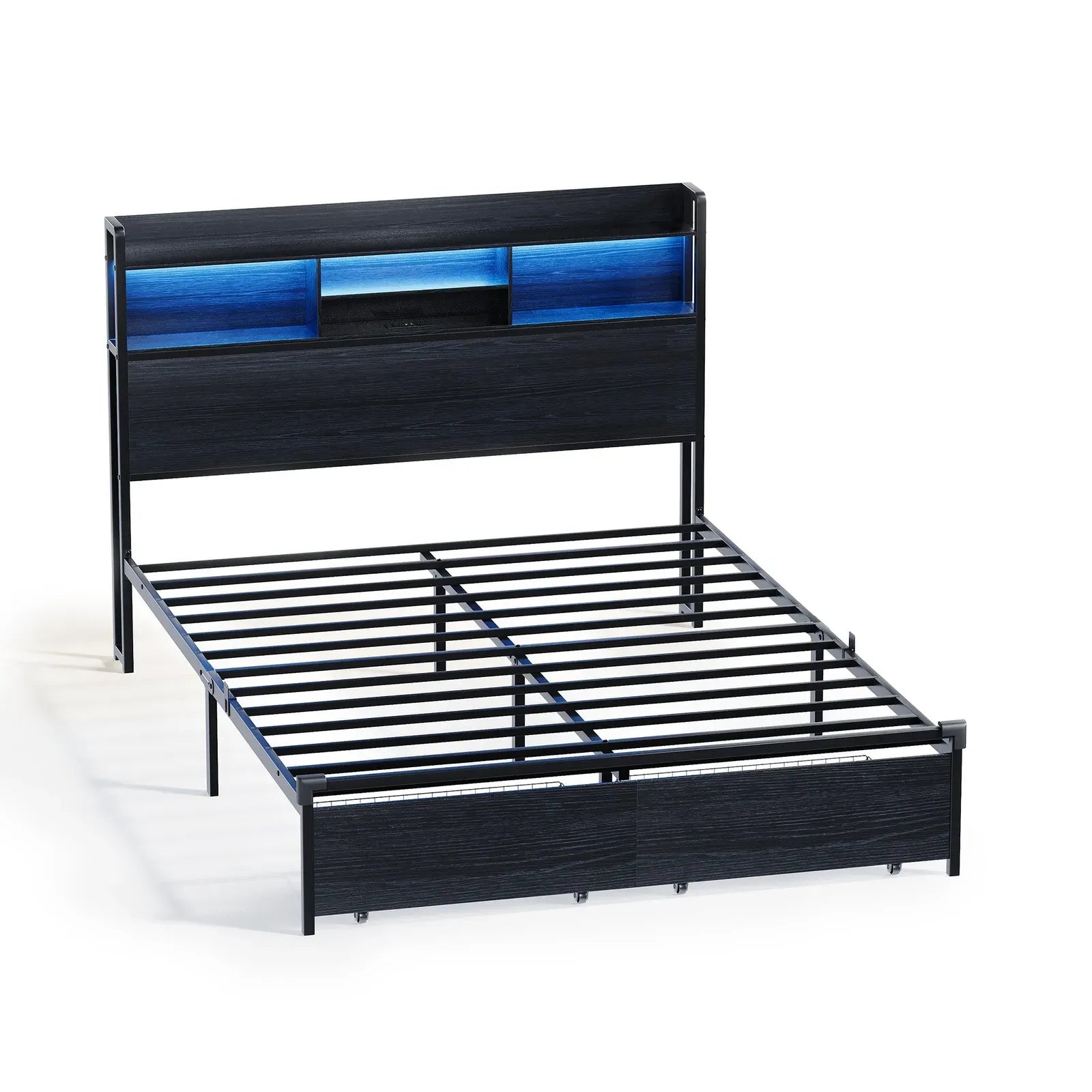 Double Black LED Bed Frame with 2 Storage Drawers and Charging Station