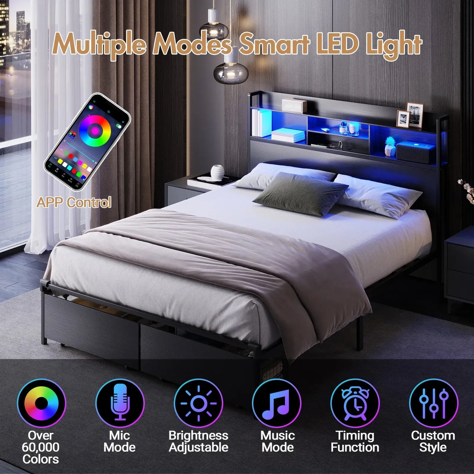 Double Black LED Bed Frame with 2 Storage Drawers and Charging Station
