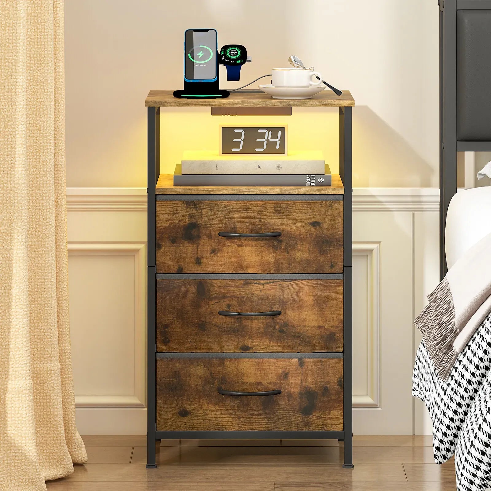 Nightstand with RGB LED Light and Charging Station, Brown, 40x30x70cm