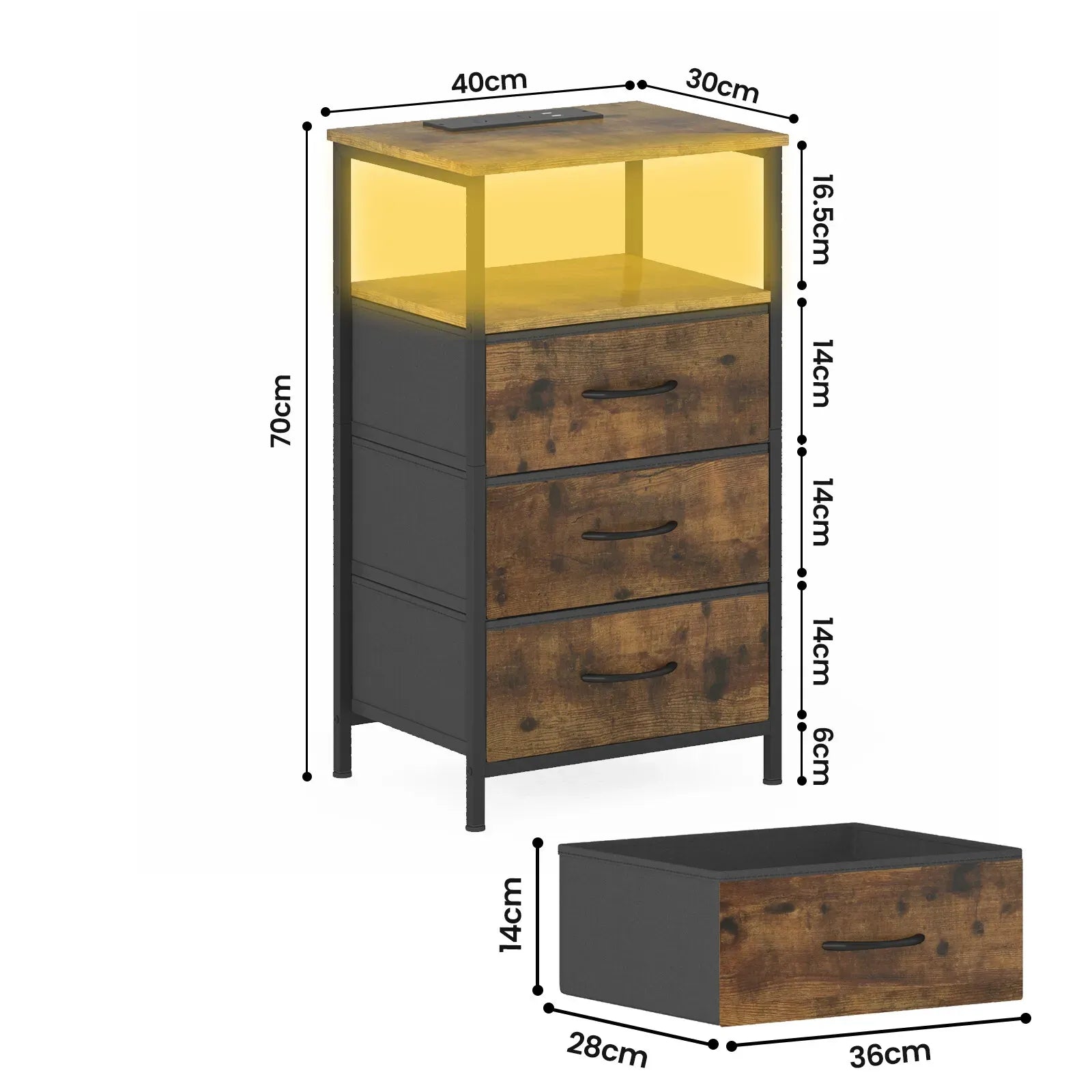Nightstand with RGB LED Light and Charging Station, Brown, 40x30x70cm