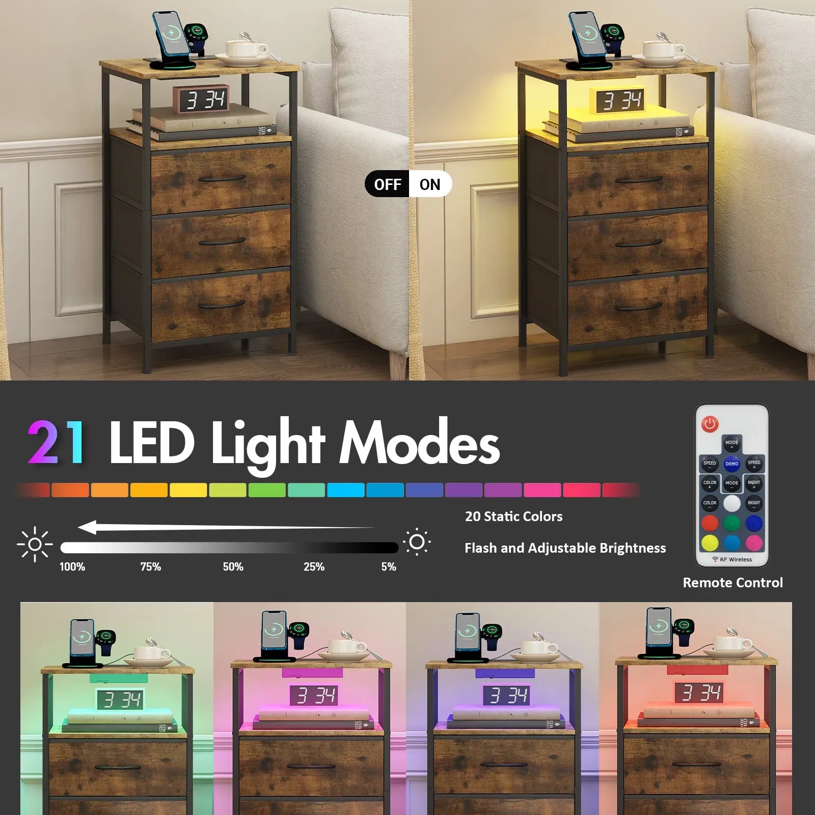 Nightstand with RGB LED Light and Charging Station, Brown, 40x30x70cm