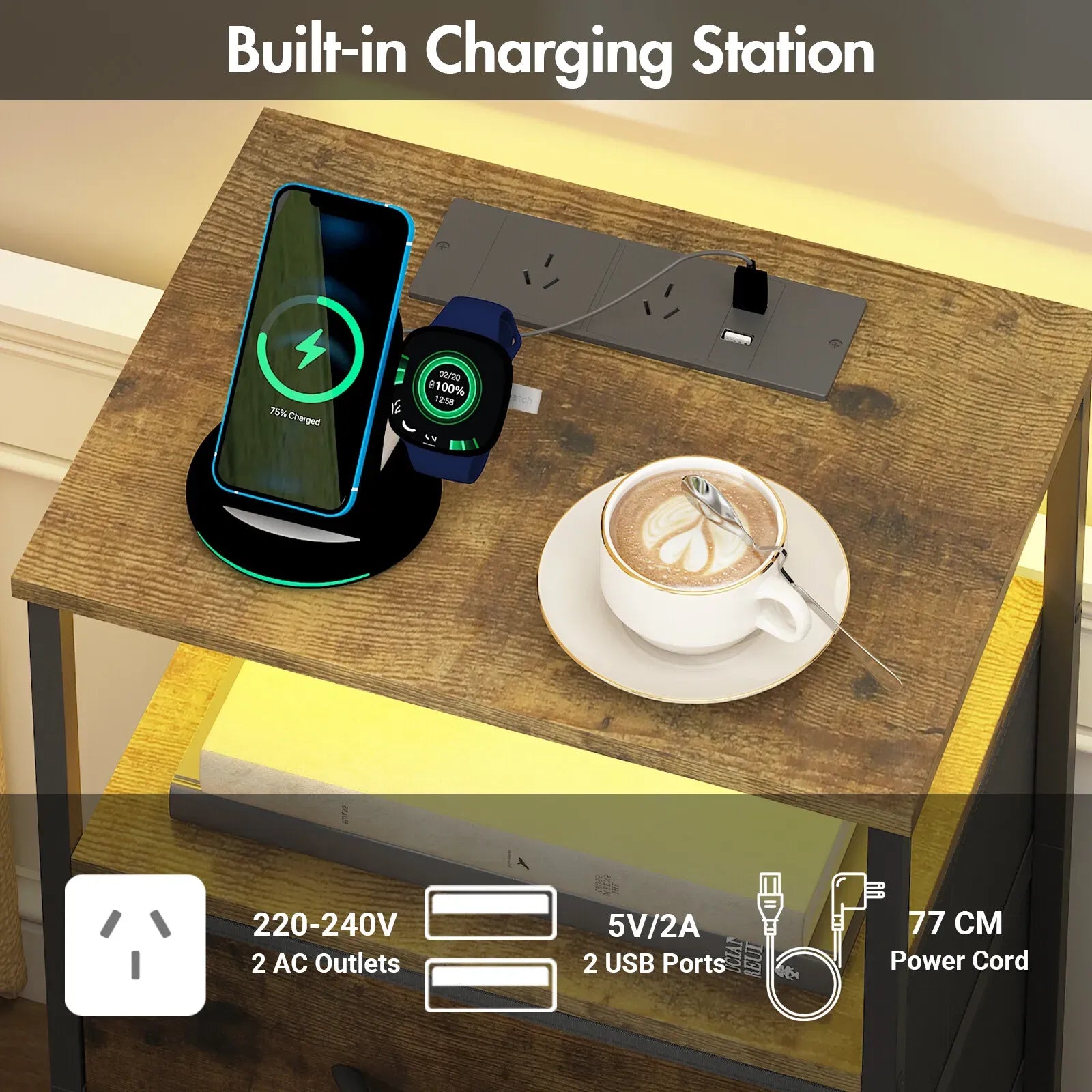 Nightstand with RGB LED Light and Charging Station, Brown, 40x30x70cm