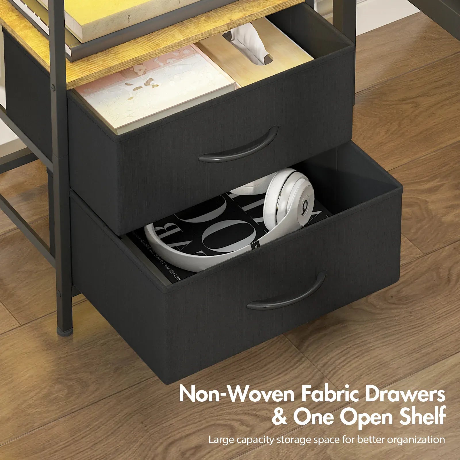 Black and Brown Nightstand with LED Light, Charging Station, and Storage - 60x40cm