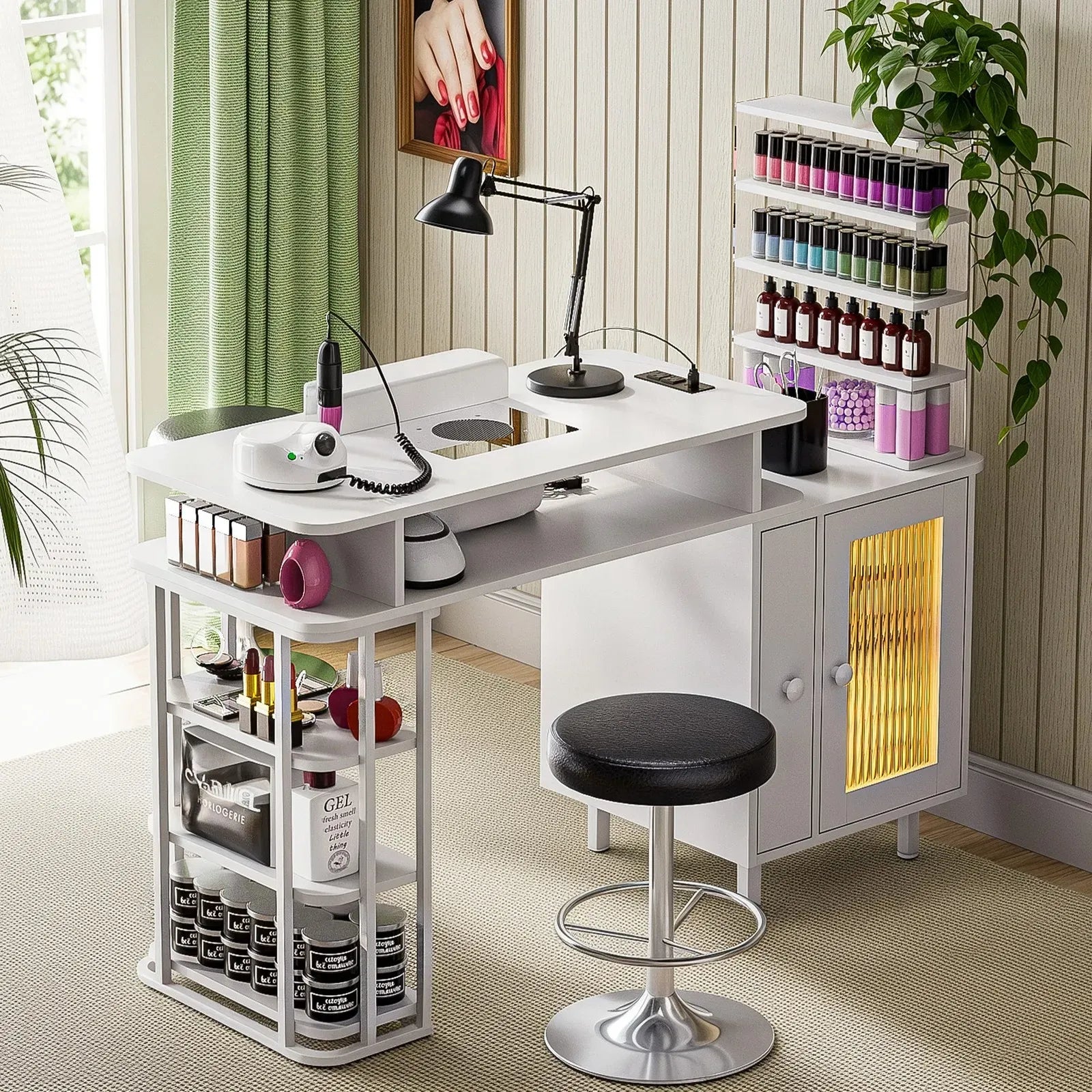 LED Manicure Table with Dust Collector and Charging Station in White