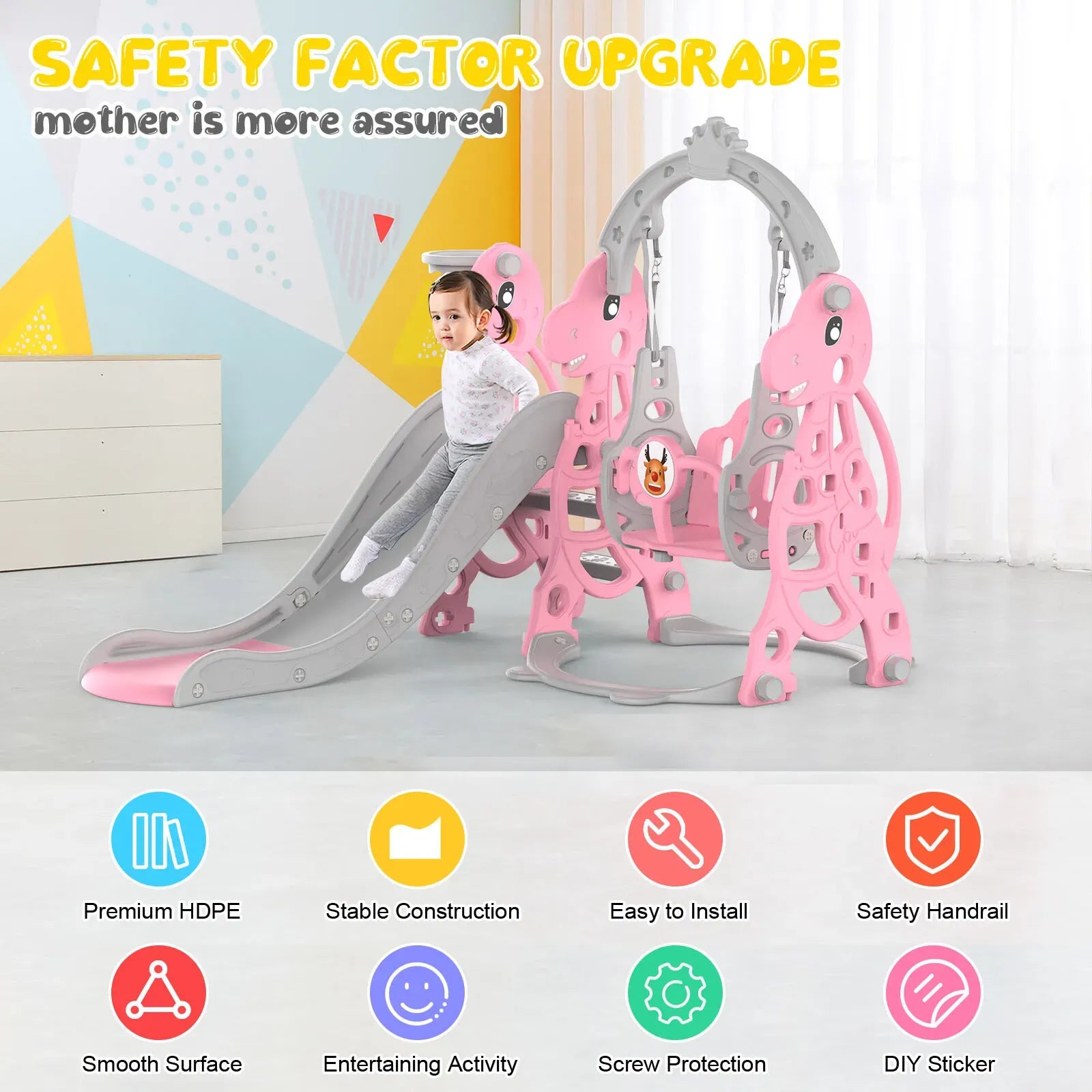 Kids 4 in 1 Slide and Swing Set with Basketball Hoop, Pink, 175x140x115cm