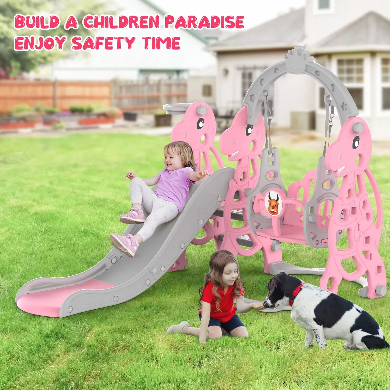 Kids 4 in 1 Slide and Swing Set with Basketball Hoop, Pink, 175x140x115cm