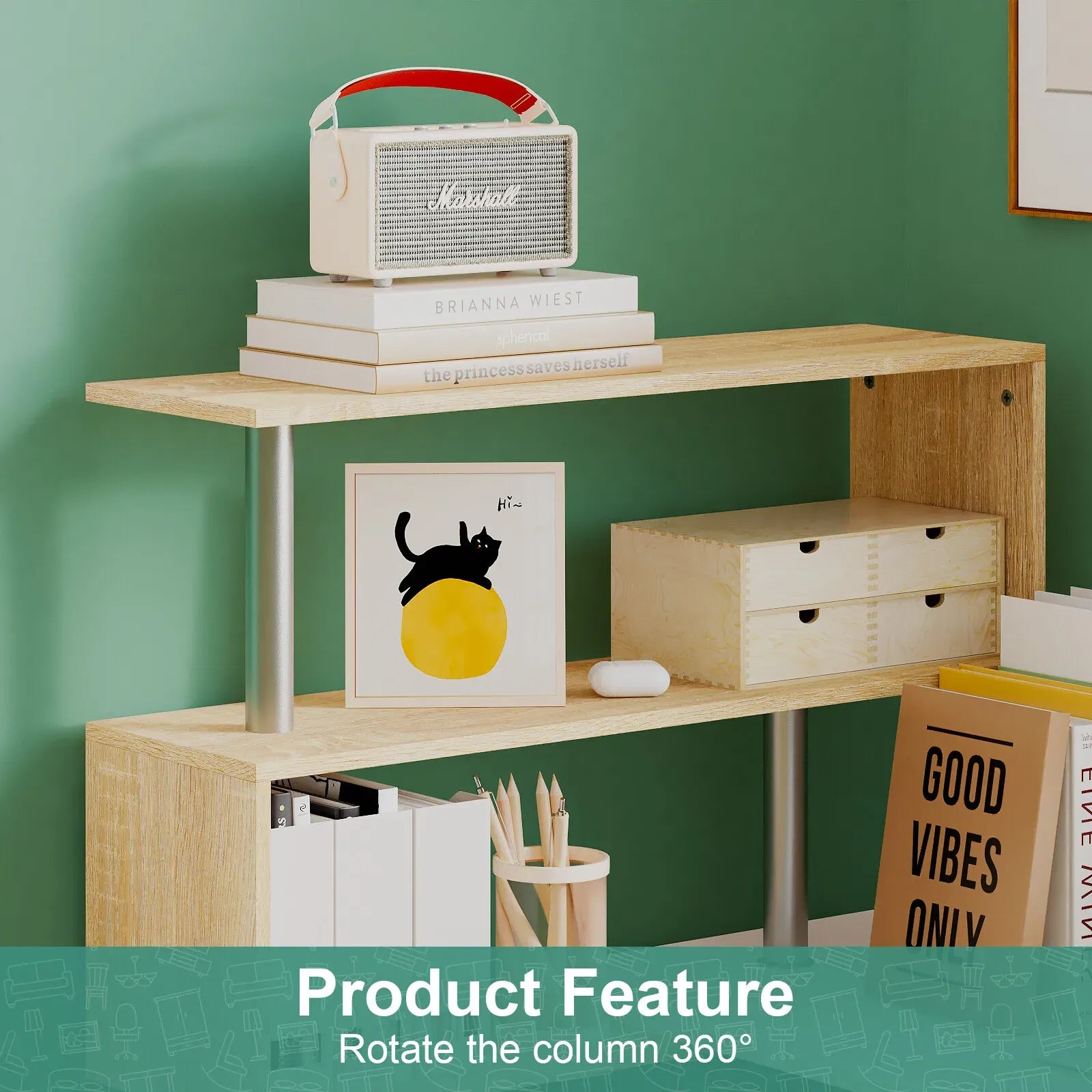 Adjustable Computer Desk with Storage Shelving in White Jointed Oak, 131x86x106cm