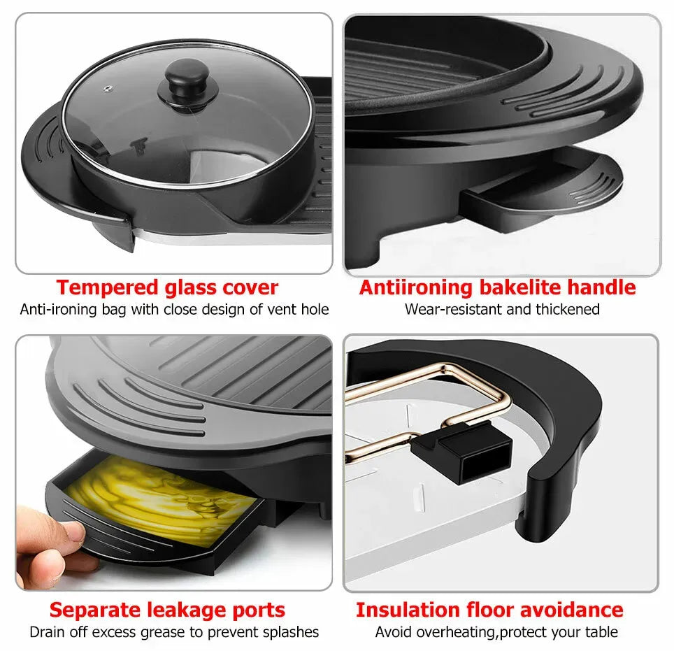 Electric 2 in 1 Black BBQ Grill and Hot Pot with Non-Stick Surface, 1360W, 69x26x11.5cm