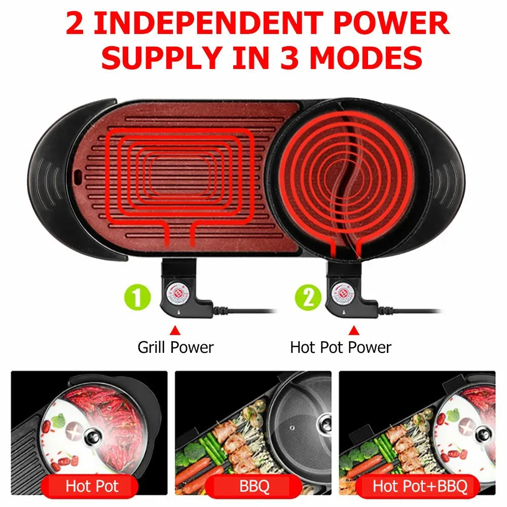 Electric 2 in 1 Black BBQ Grill and Hot Pot with Non-Stick Surface, 1360W, 69x26x11.5cm