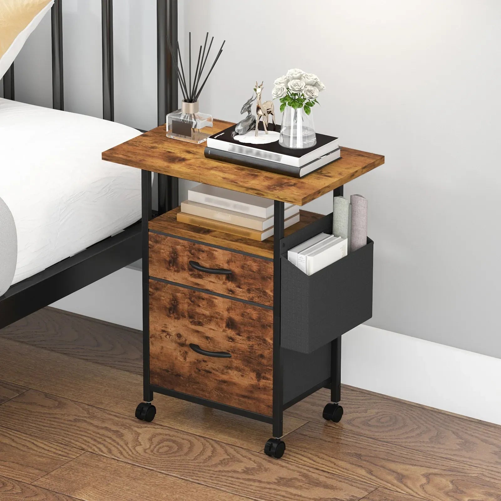 61x38cm Walnut Printer Stand, 4-Tier Mobile File Cabinet with Storage Drawer