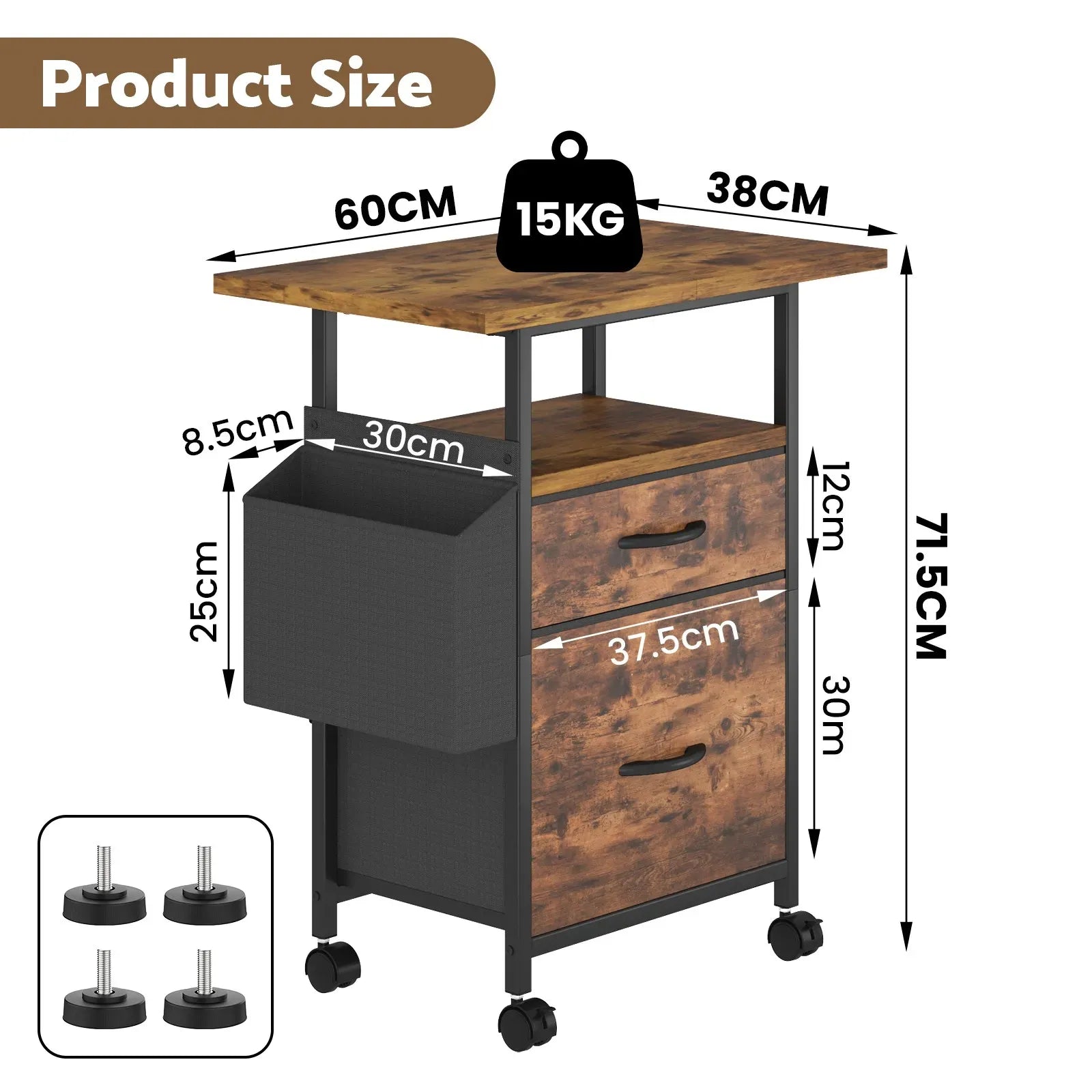 61x38cm Walnut Printer Stand, 4-Tier Mobile File Cabinet with Storage Drawer