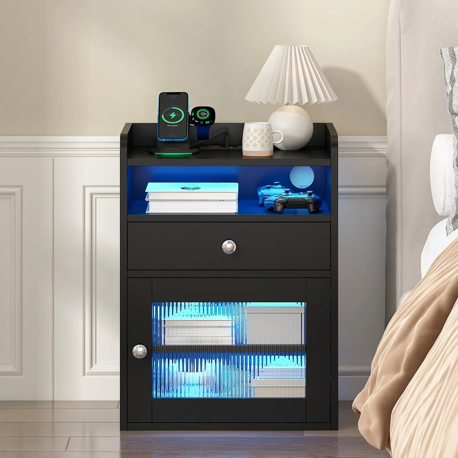 Black Bedside Table with Acrylic Door, Charging Station and RGB LED Light