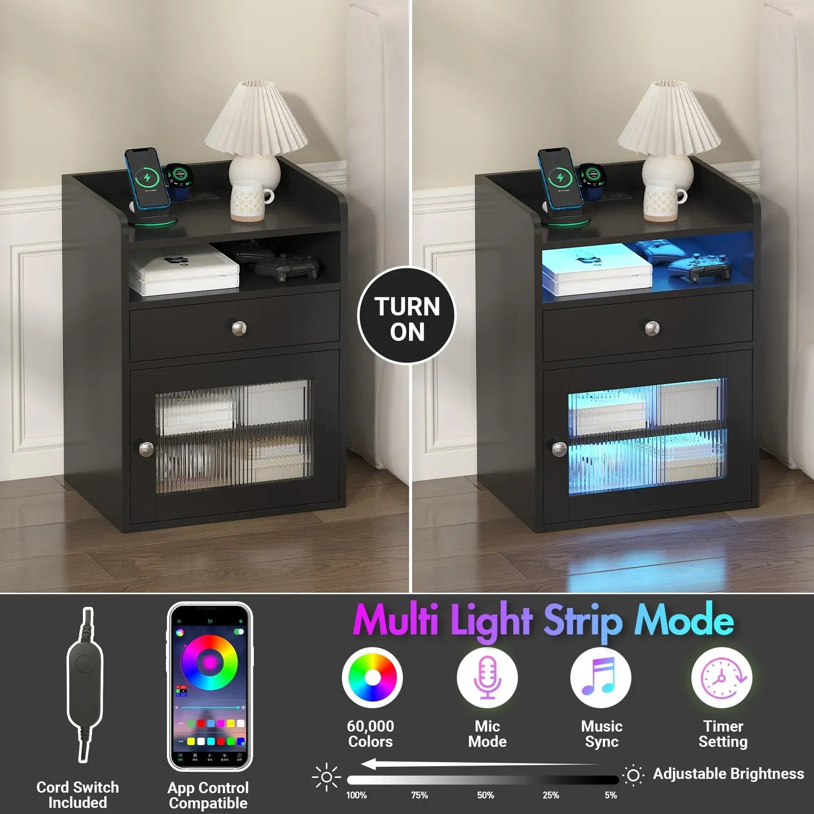 Black Bedside Table with Acrylic Door, Charging Station and RGB LED Light