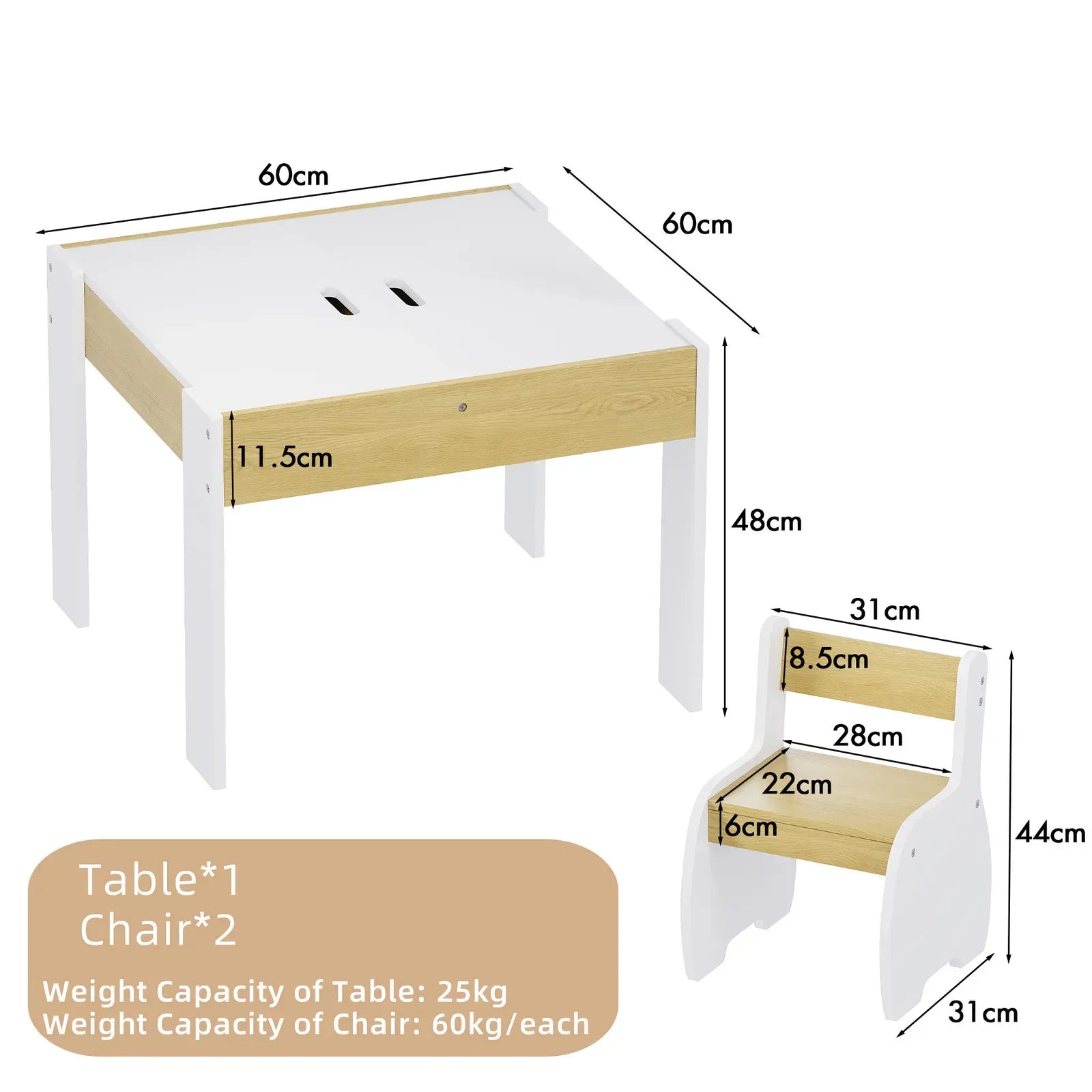 3-Piece Kids Table and Chairs Set in White with Storage, 60x60x48cm