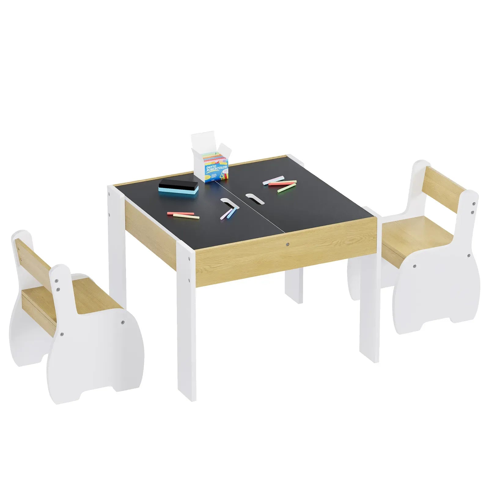 3-Piece Kids Table and Chairs Set in White with Storage, 60x60x48cm