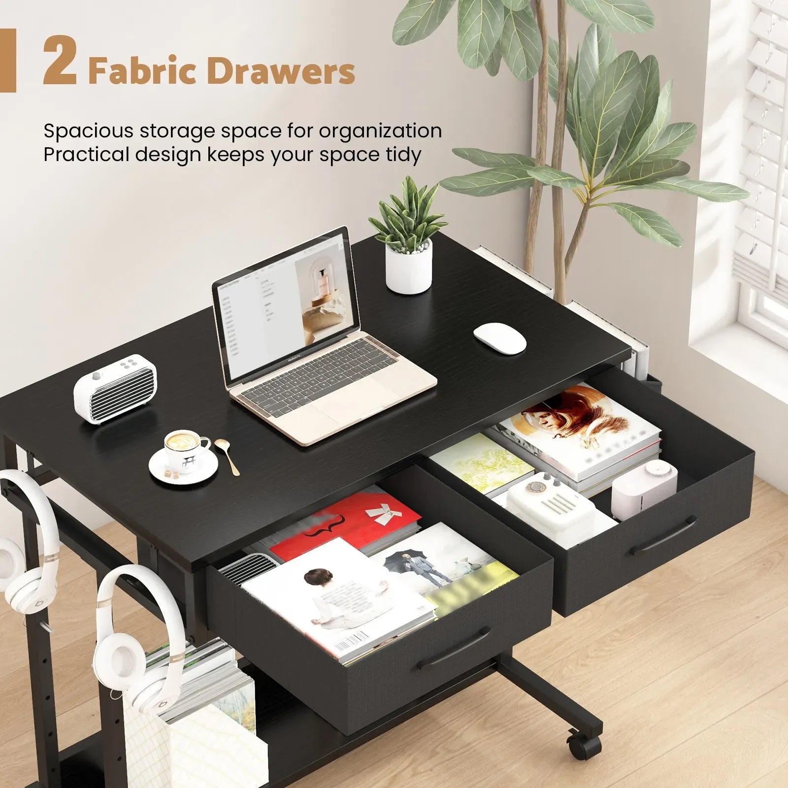 Small Portable Black Rolling Standing Desk with Wheels 80 x 48cm