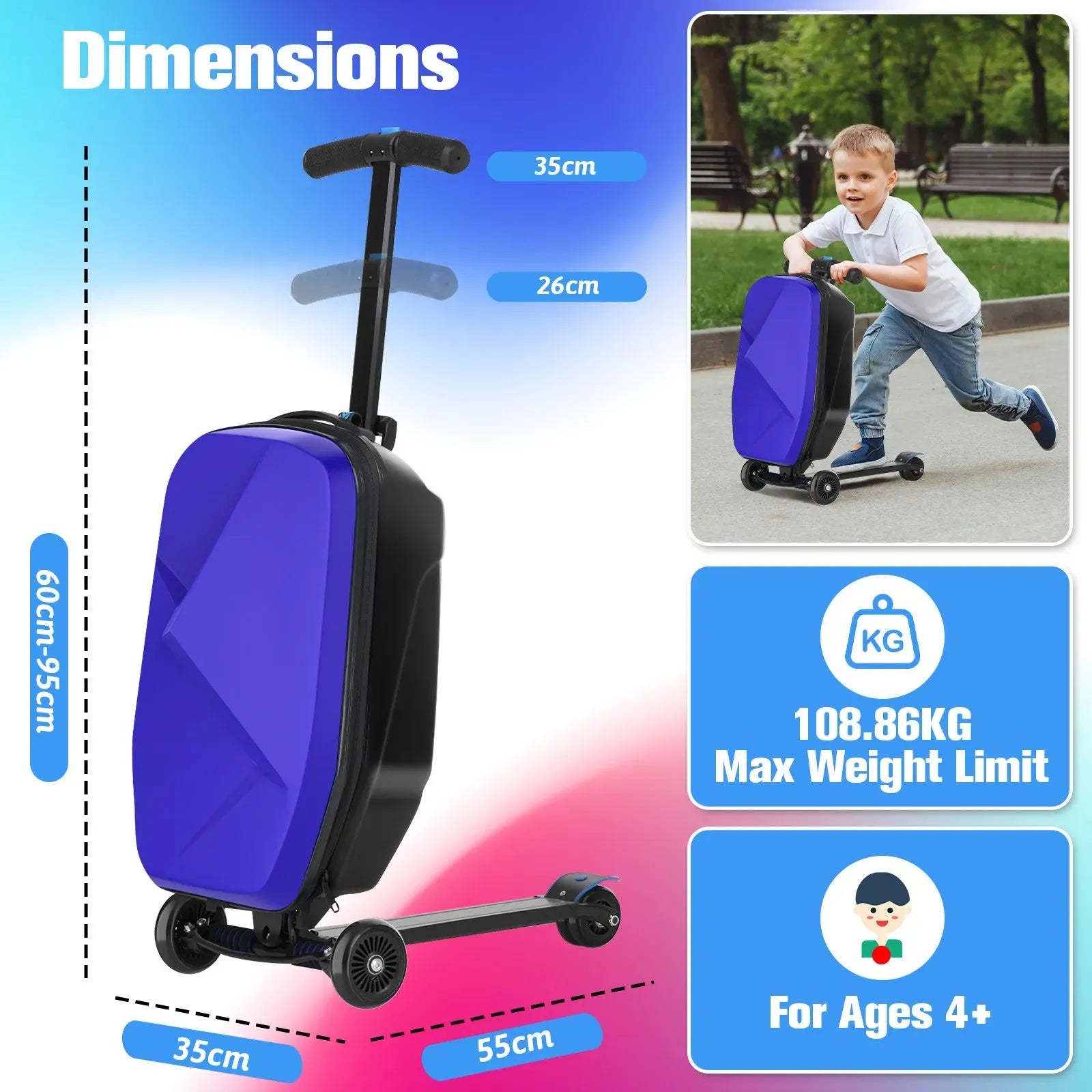 Kids 2-in-1 Foldable Scooter Suitcase Ride-On Luggage in Deep Blue, 37L Capacity