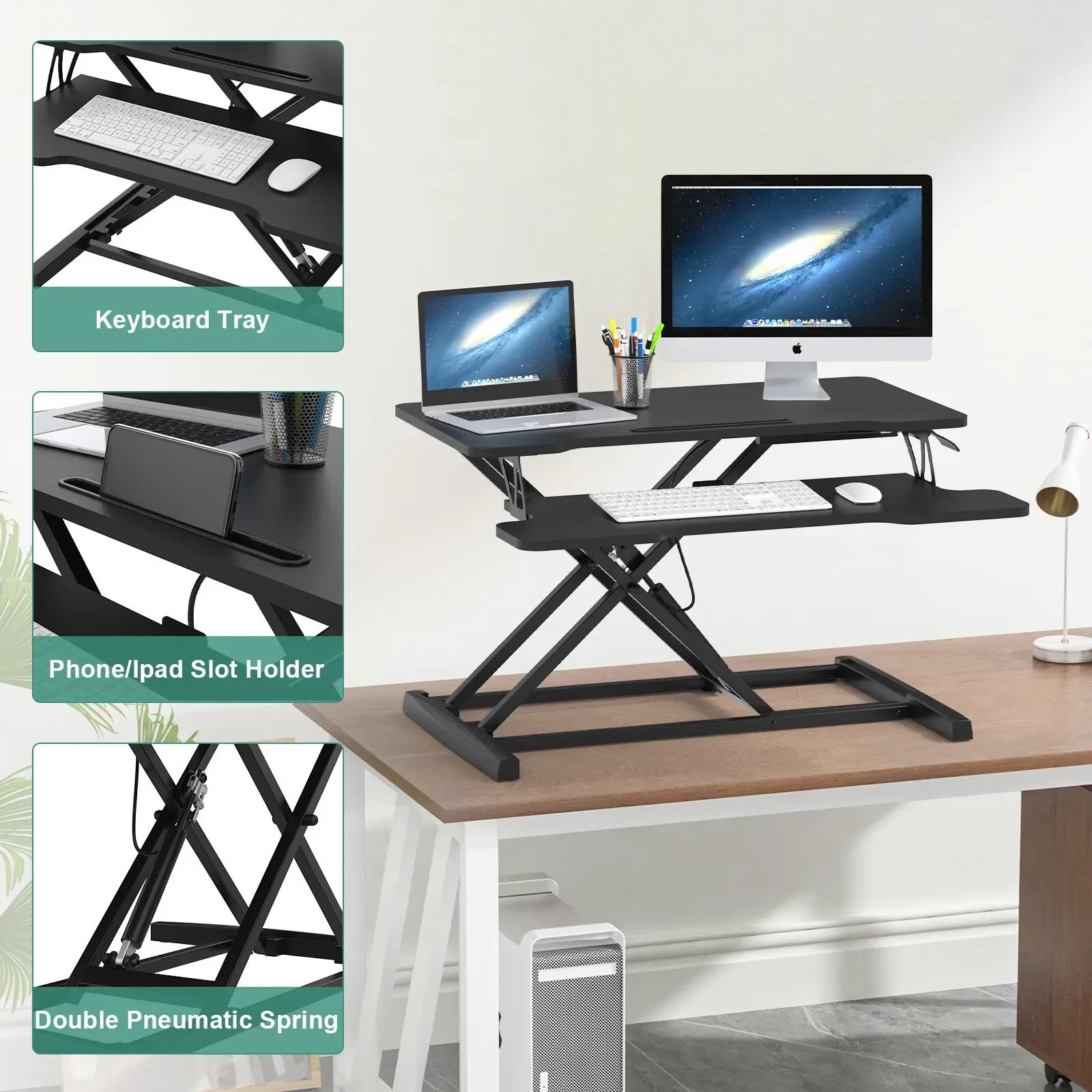 Height Adjustable Black Laptop Riser Desk with Two-Tier Design, 80x40cm