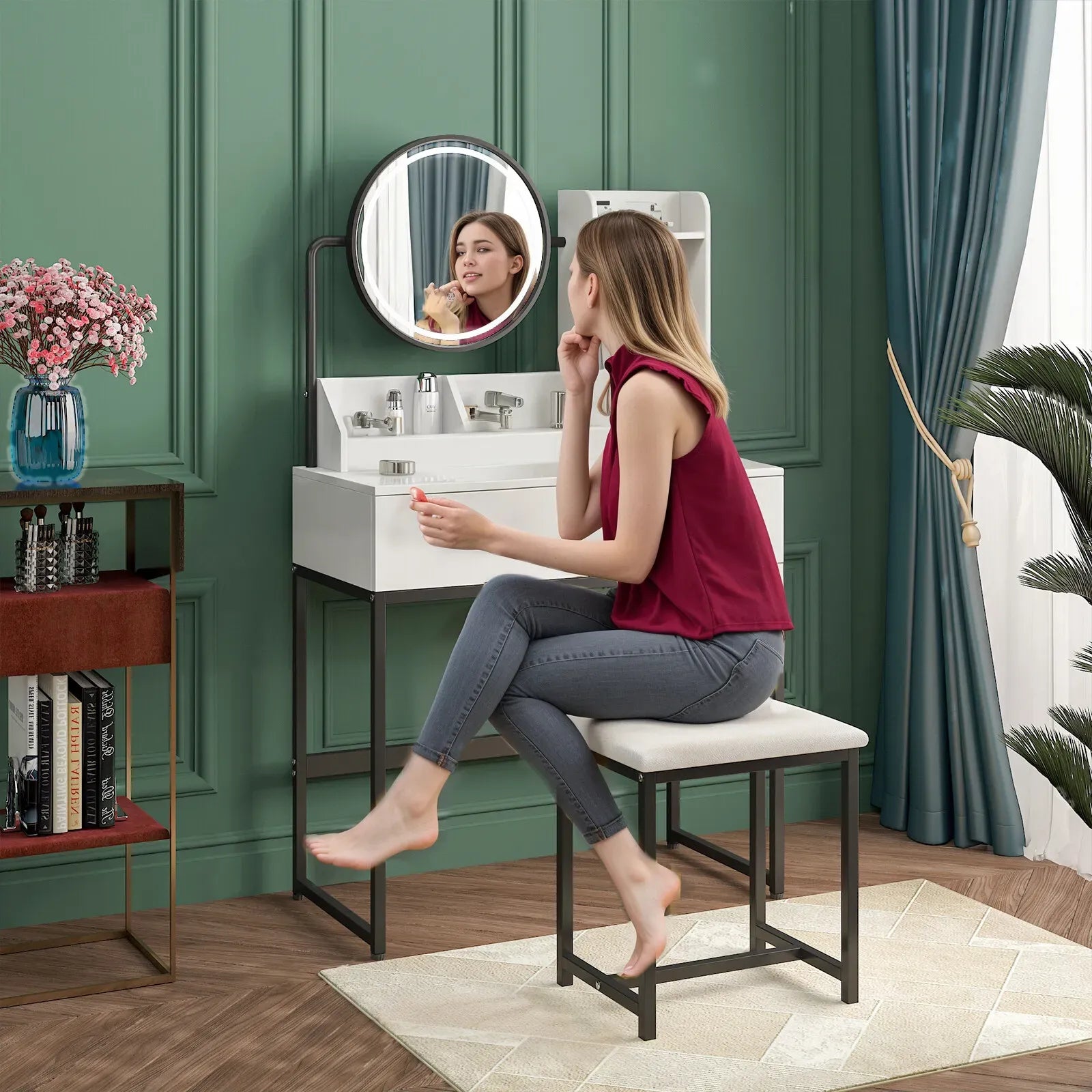 White Black Dressing Table Stool Set with LED Lights and Charging Station, 80x136cm