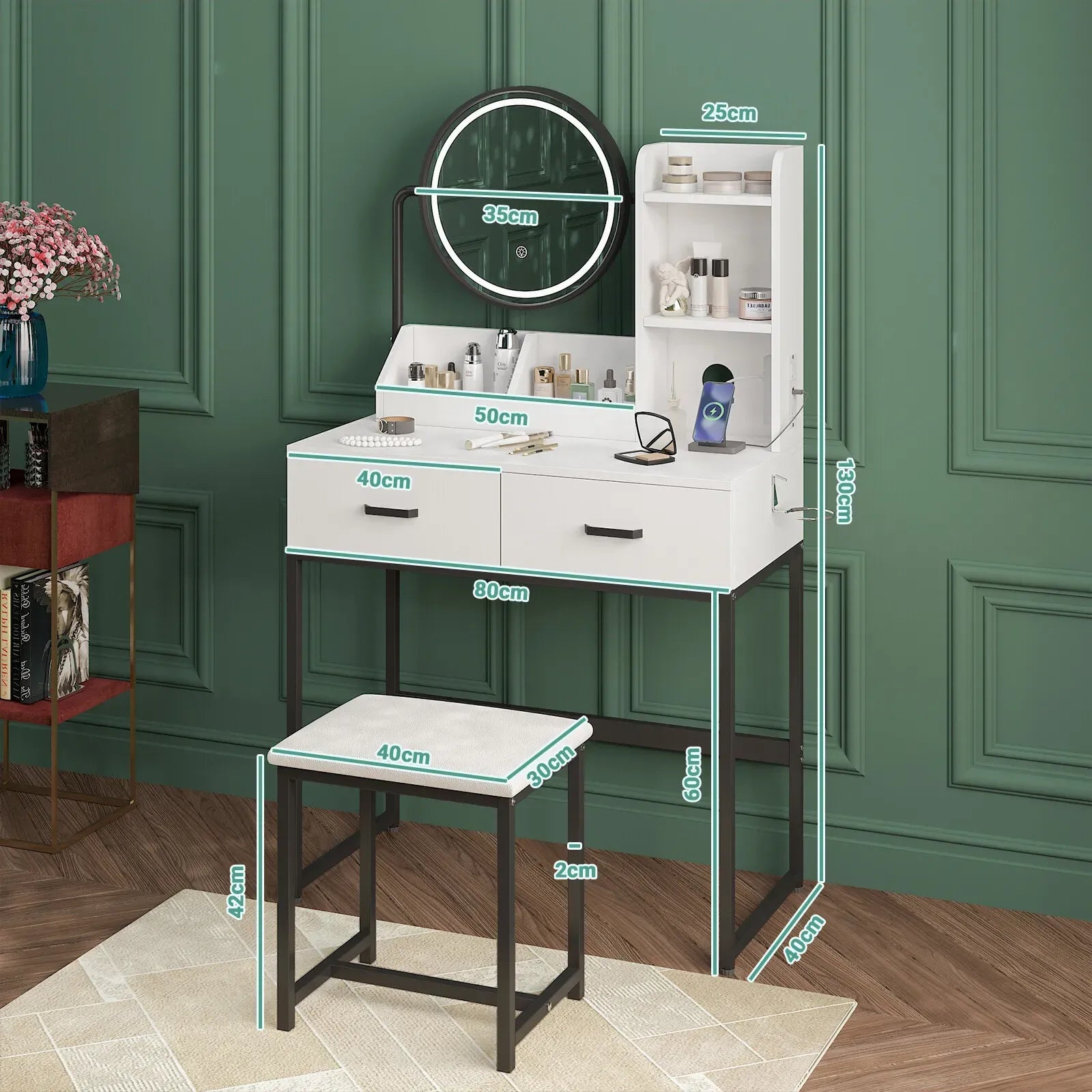 White Black Dressing Table Stool Set with LED Lights and Charging Station, 80x136cm