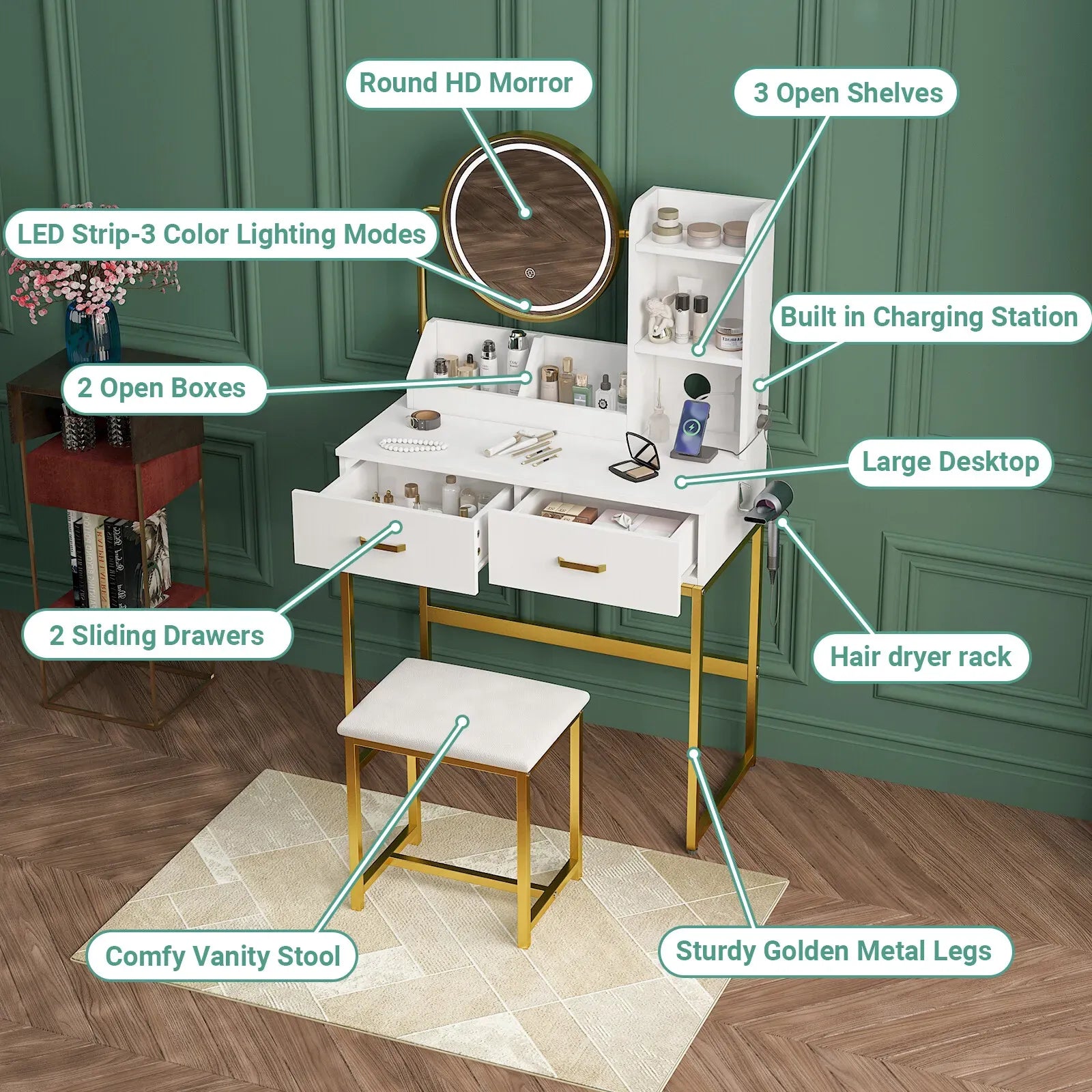 Dressing Table Stool Set in White & Gold with LED Lights and Charging Station