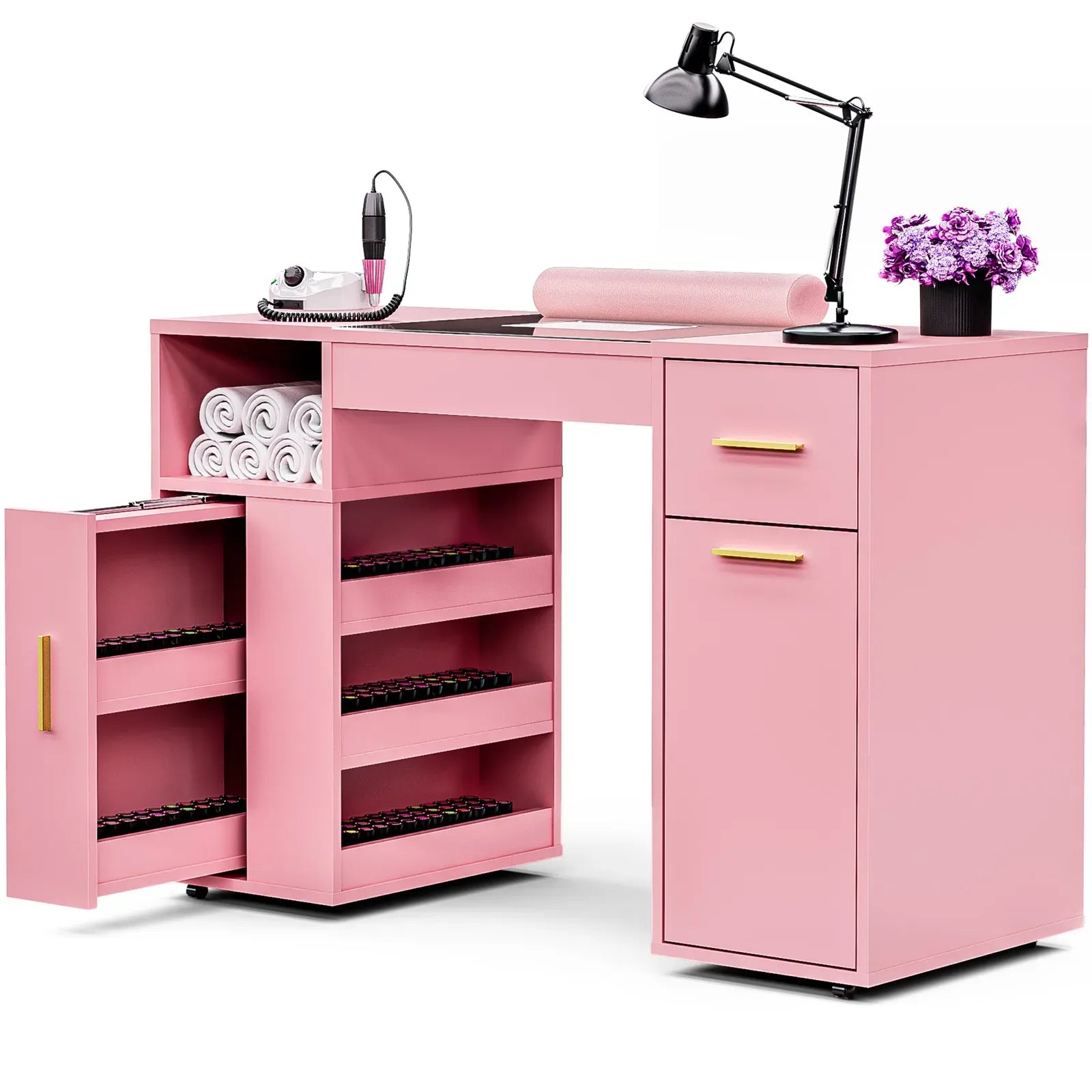 Pink Manicure Table with Electric Dust Collector and Storage, 108x45x77cm