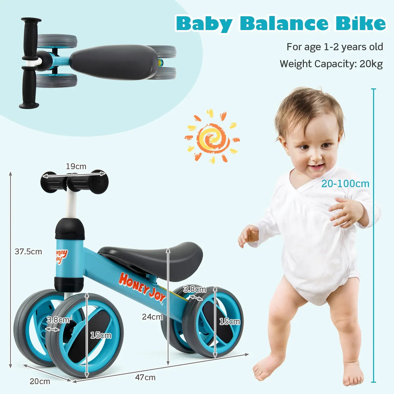 Baby Balance Bike for Toddlers 1-2 Years, Blue, 47x20x37.5cm, 4 Wheels