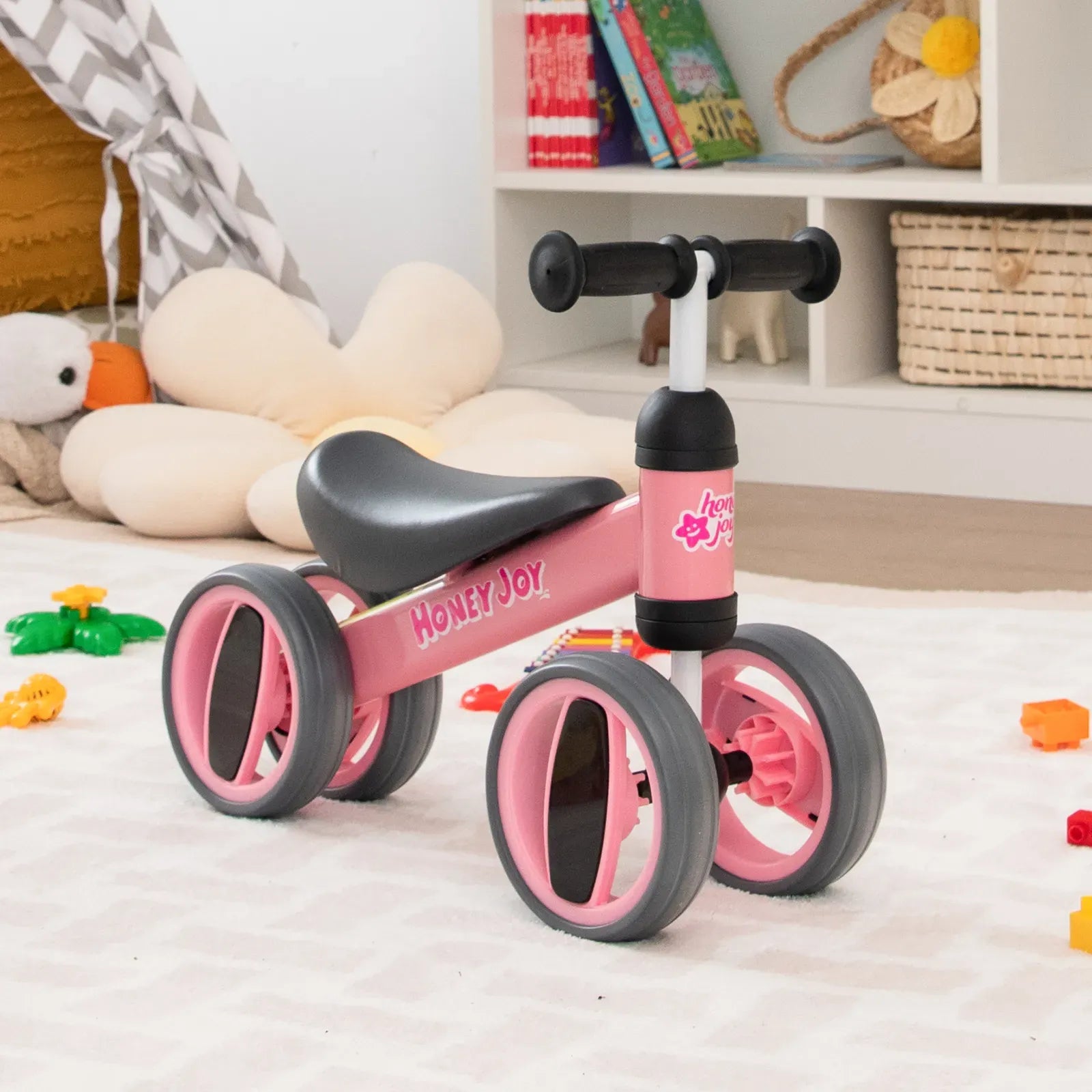 Baby Balance Bike in Pink for Toddlers Aged 1-2 Years with 4 Wheels, 47x20x37.5cm
