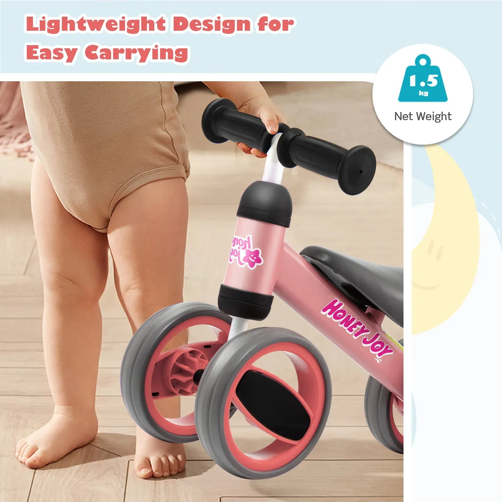 Baby Balance Bike in Pink for Toddlers Aged 1-2 Years with 4 Wheels, 47x20x37.5cm