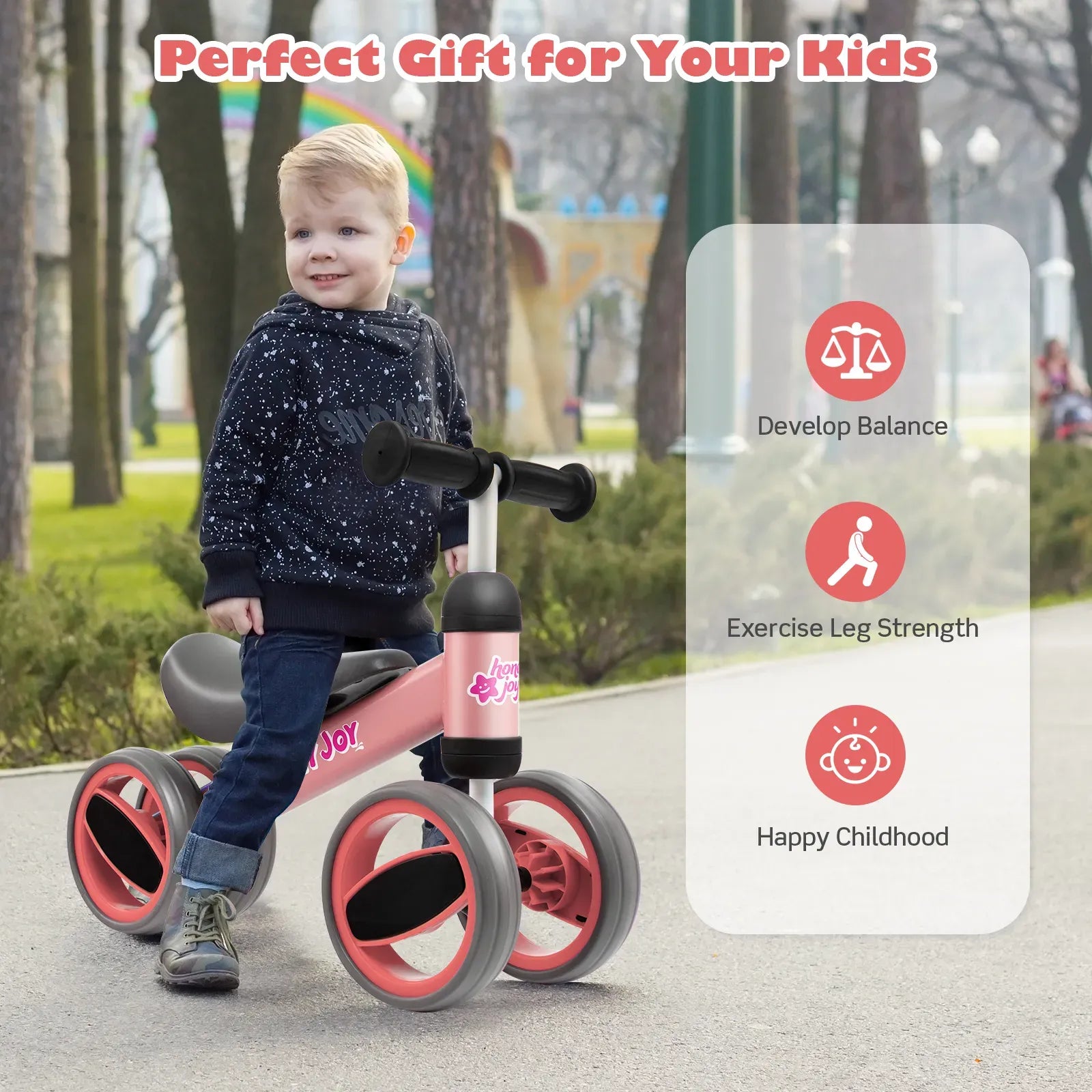 Baby Balance Bike in Pink for Toddlers Aged 1-2 Years with 4 Wheels, 47x20x37.5cm