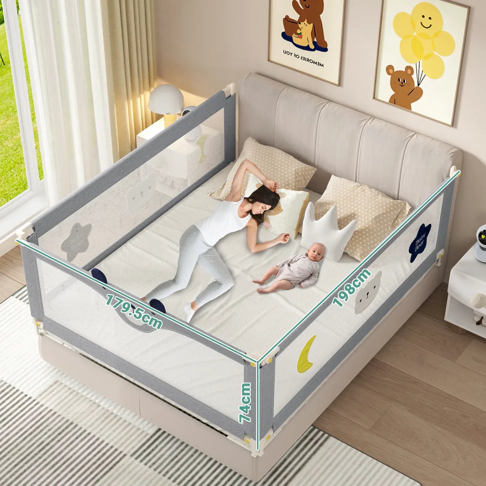 Adjustable Grey Baby Bed Rail Guard for Toddler Cot - 180x200cm