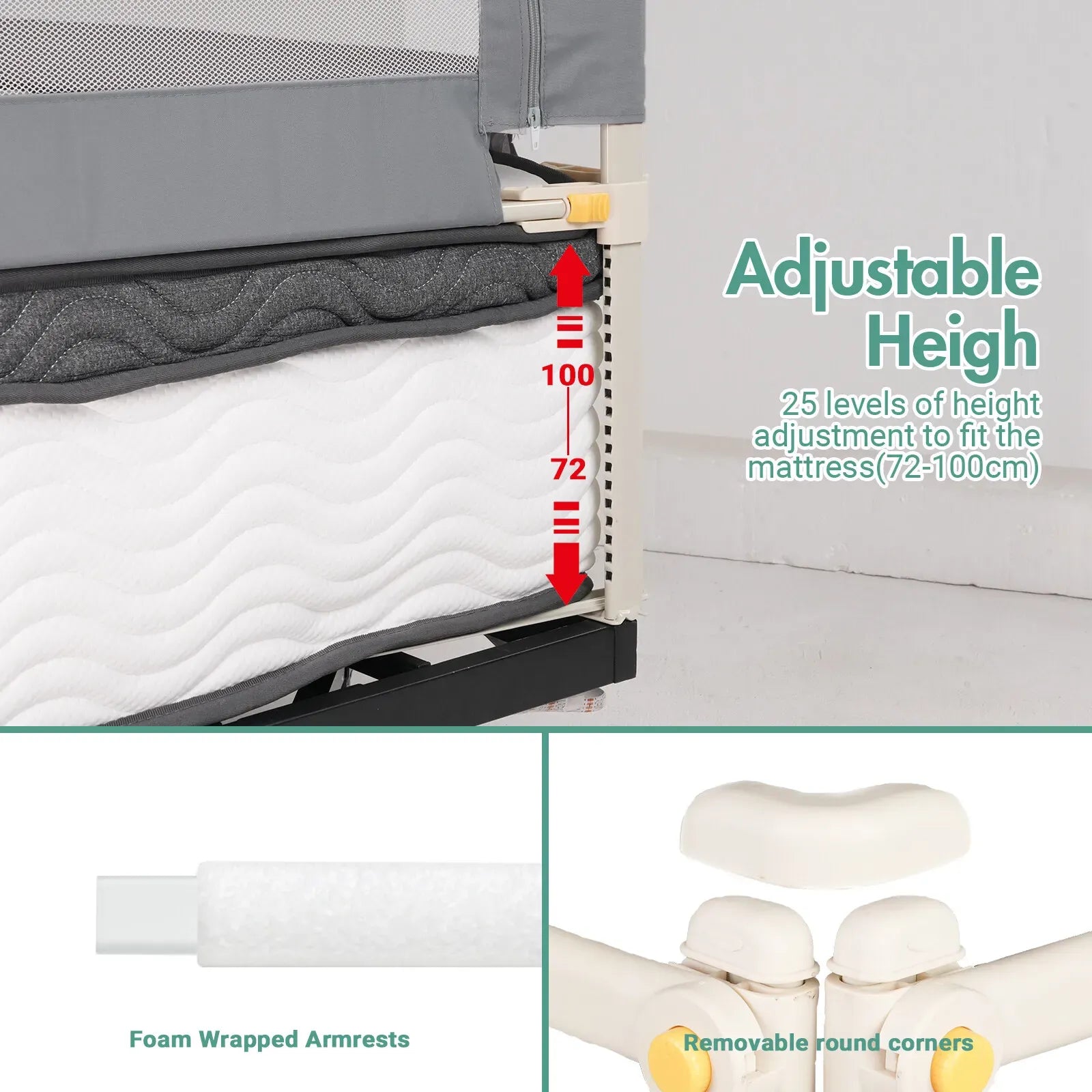 Adjustable Grey Baby Bed Rail Guard for Toddler Cot - 180x200cm