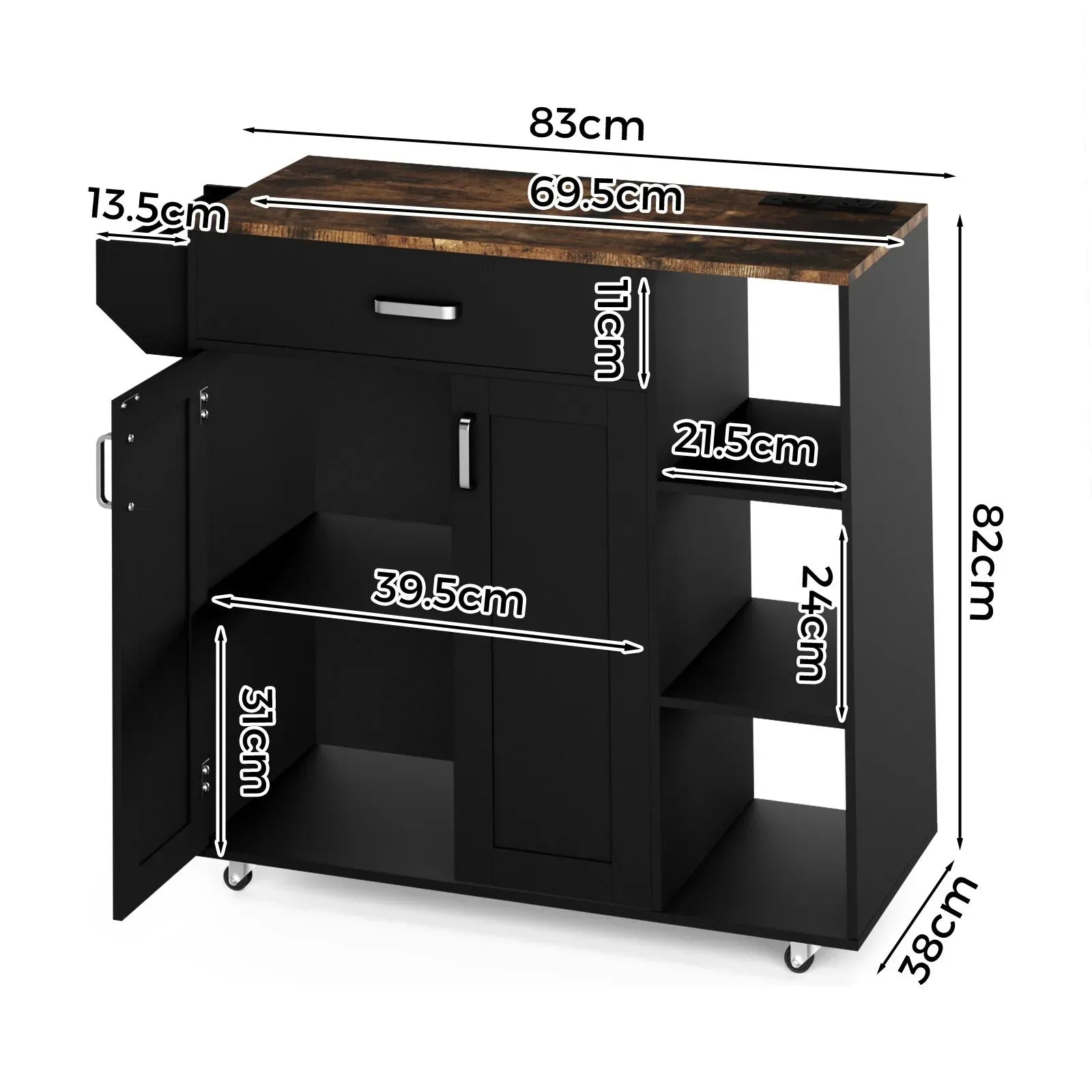 Kitchen Island Cart on Wheels with Charging Station, Black, 83x38x82cm