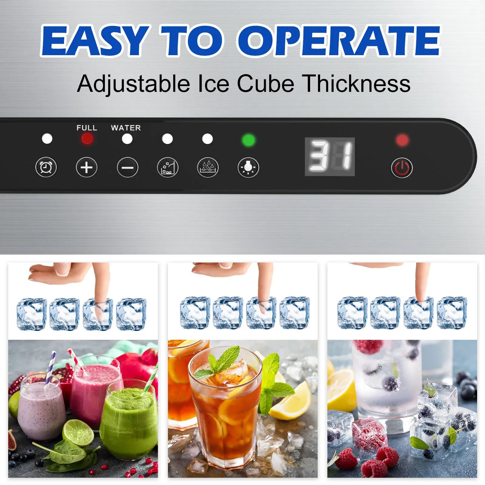 Portable Commercial Ice Maker Machine, Stainless Steel, 45KG/24HR, Silver