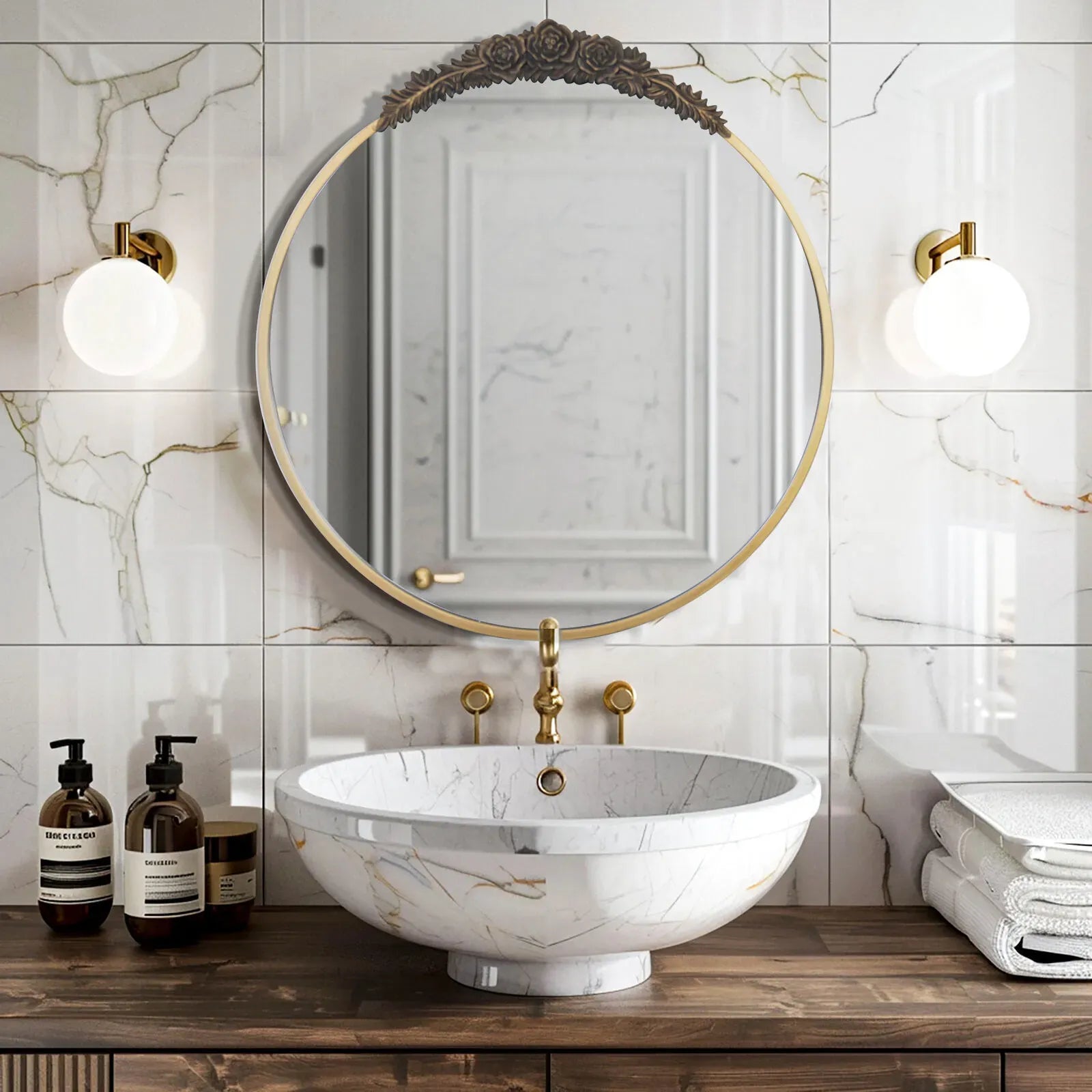 24" Brass Gold Round Baroque Wall Mirror with Embossed Frame