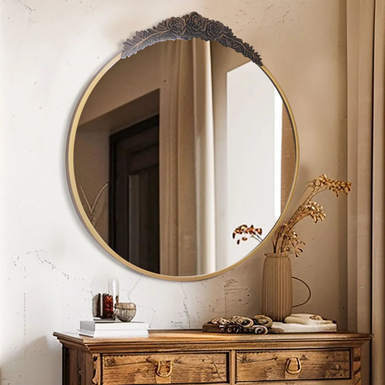 24" Brass Gold Round Baroque Wall Mirror with Embossed Frame