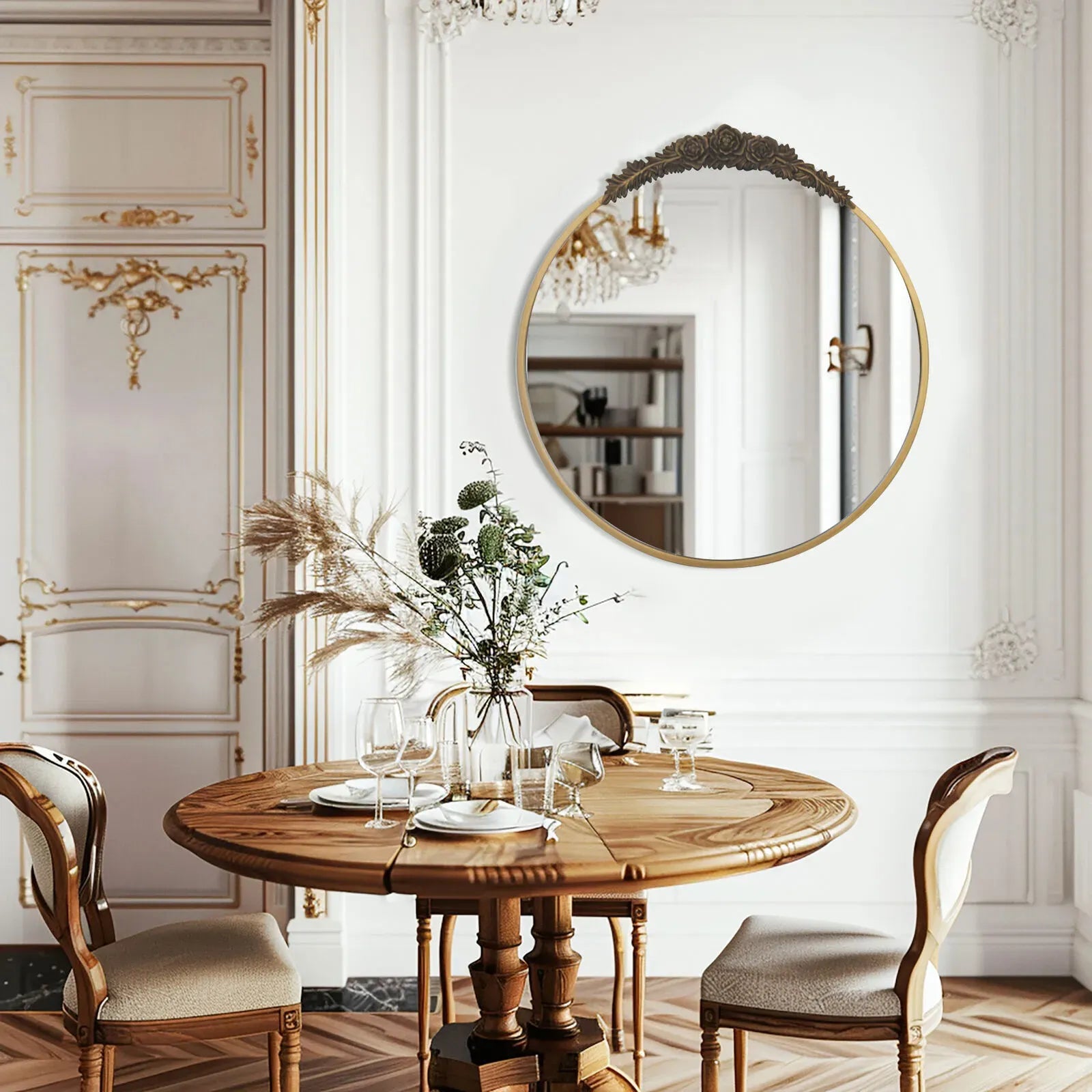 24" Brass Gold Round Baroque Wall Mirror with Embossed Frame