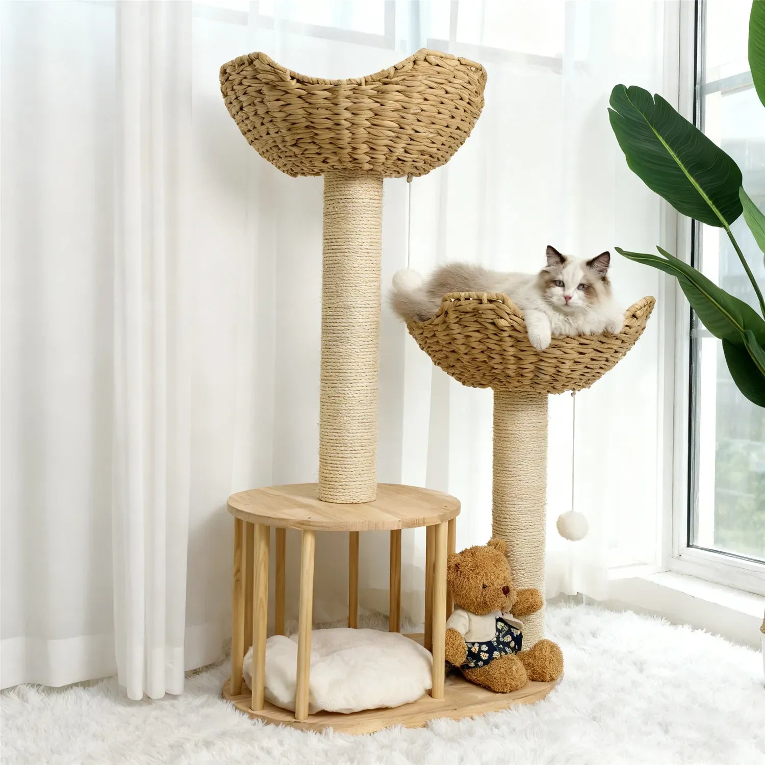 Large Cat Scratching Post Tree Tower with Baskets and Cubby Cave in Natural Wood & White, 60x40x99cm