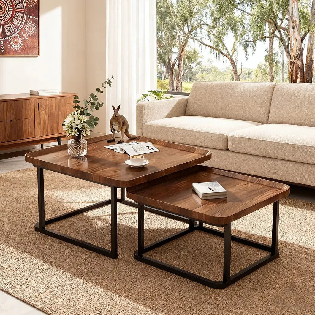 Set of 2 Nesting Coffee Tables in Walnut Wood & Black - Modern Industrial Design