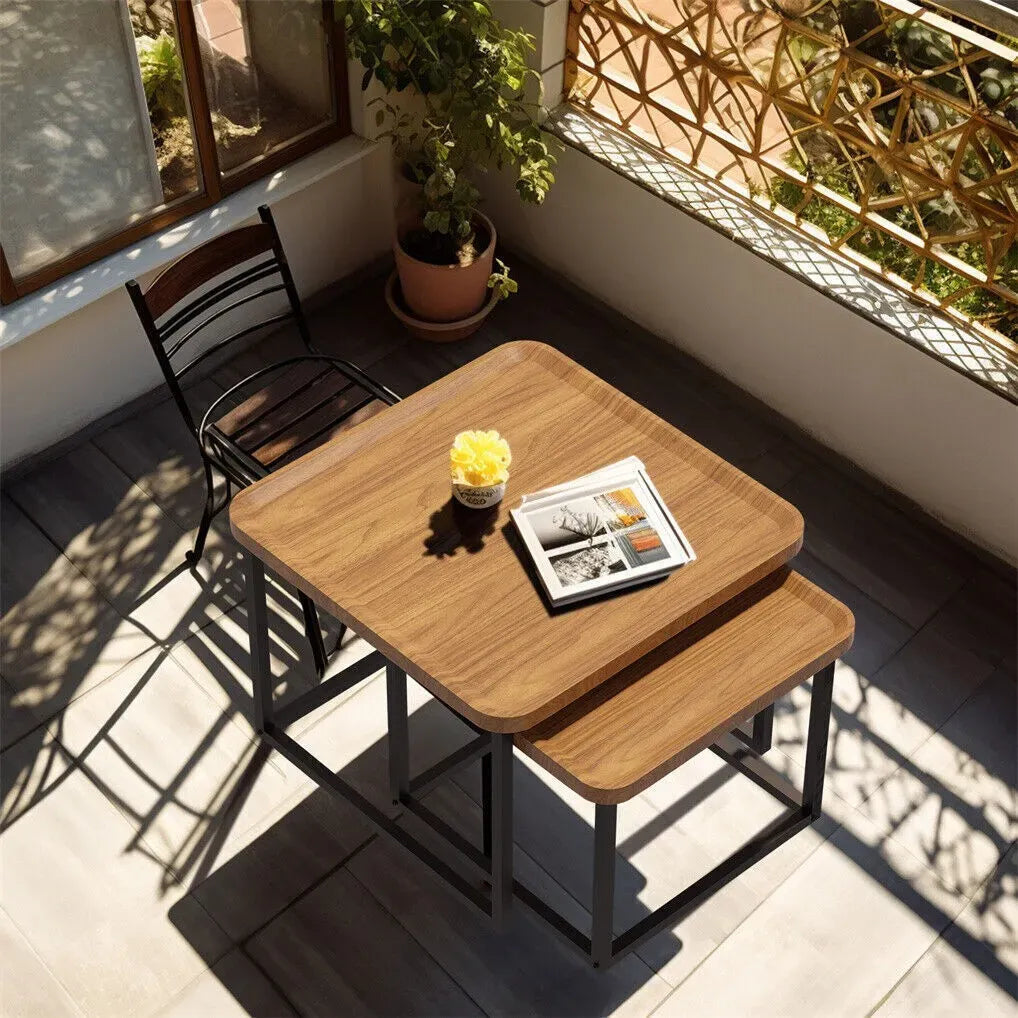 Set of 2 Nesting Coffee Tables in Walnut Wood & Black - Modern Industrial Design