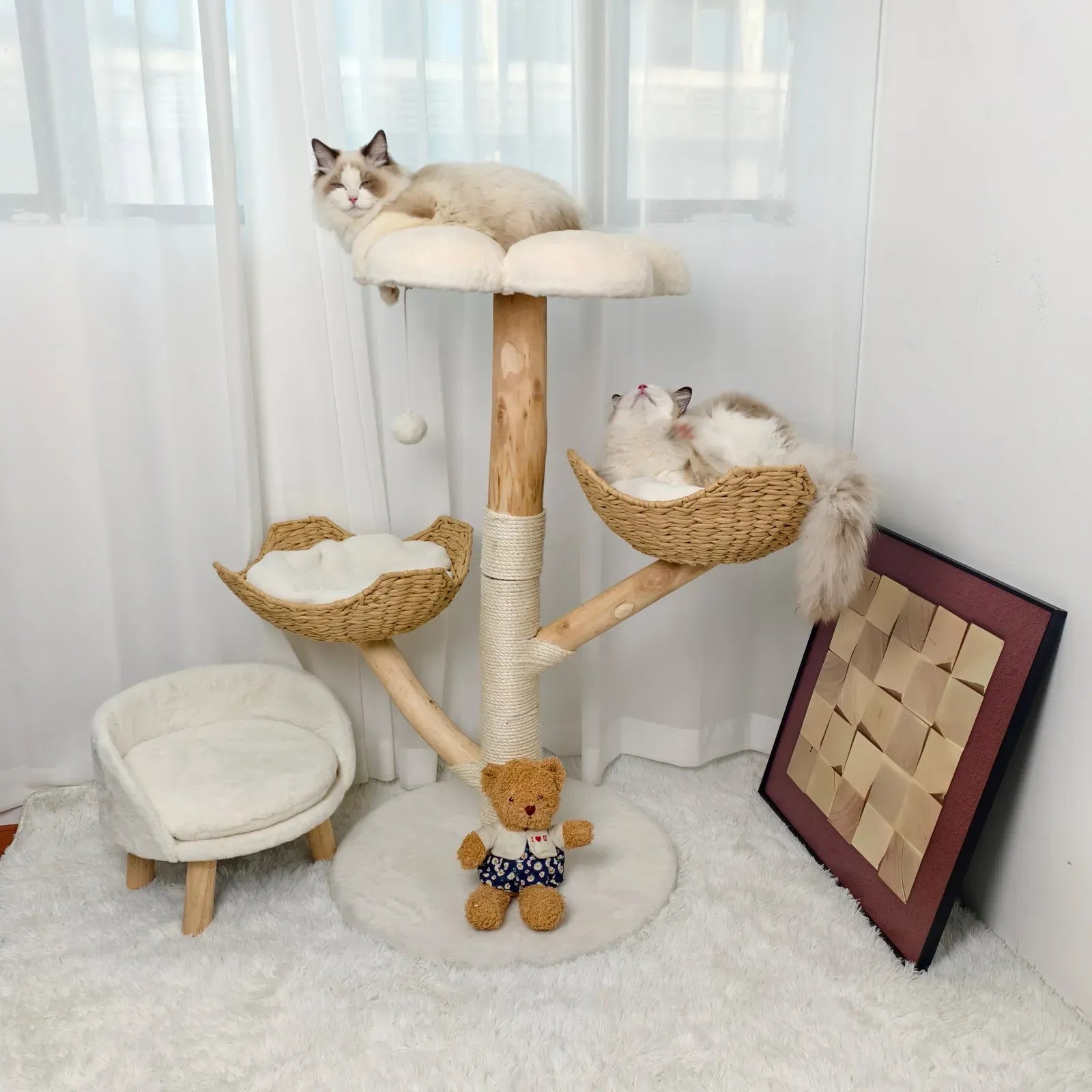 Extra Large Black Cat Tree Tower with Real Wood and Wicker Basket, 60x111cm