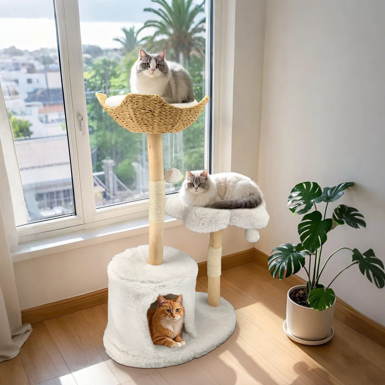 Large Black Real Branch Cat Tree Tower with Plush Condo and Scratching Posts