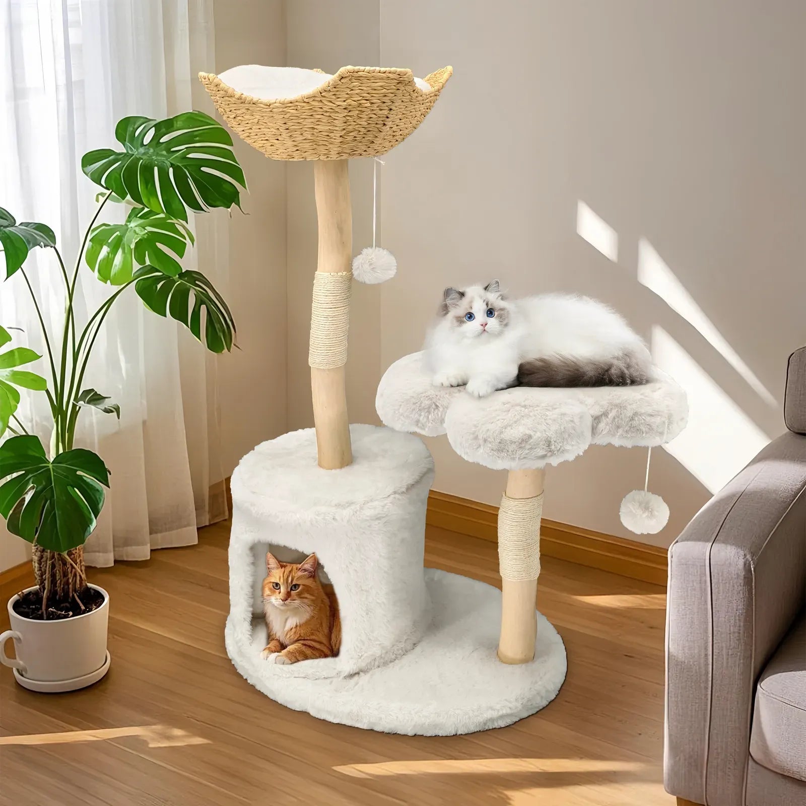 Large Black Real Branch Cat Tree Tower with Plush Condo and Scratching Posts