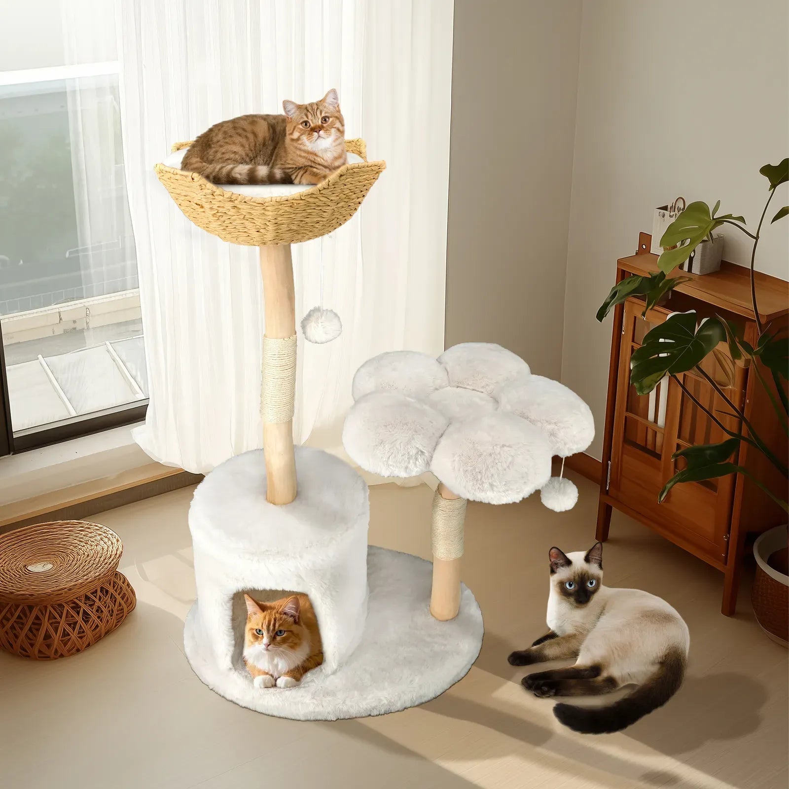 Large Black Real Branch Cat Tree Tower with Plush Condo and Scratching Posts