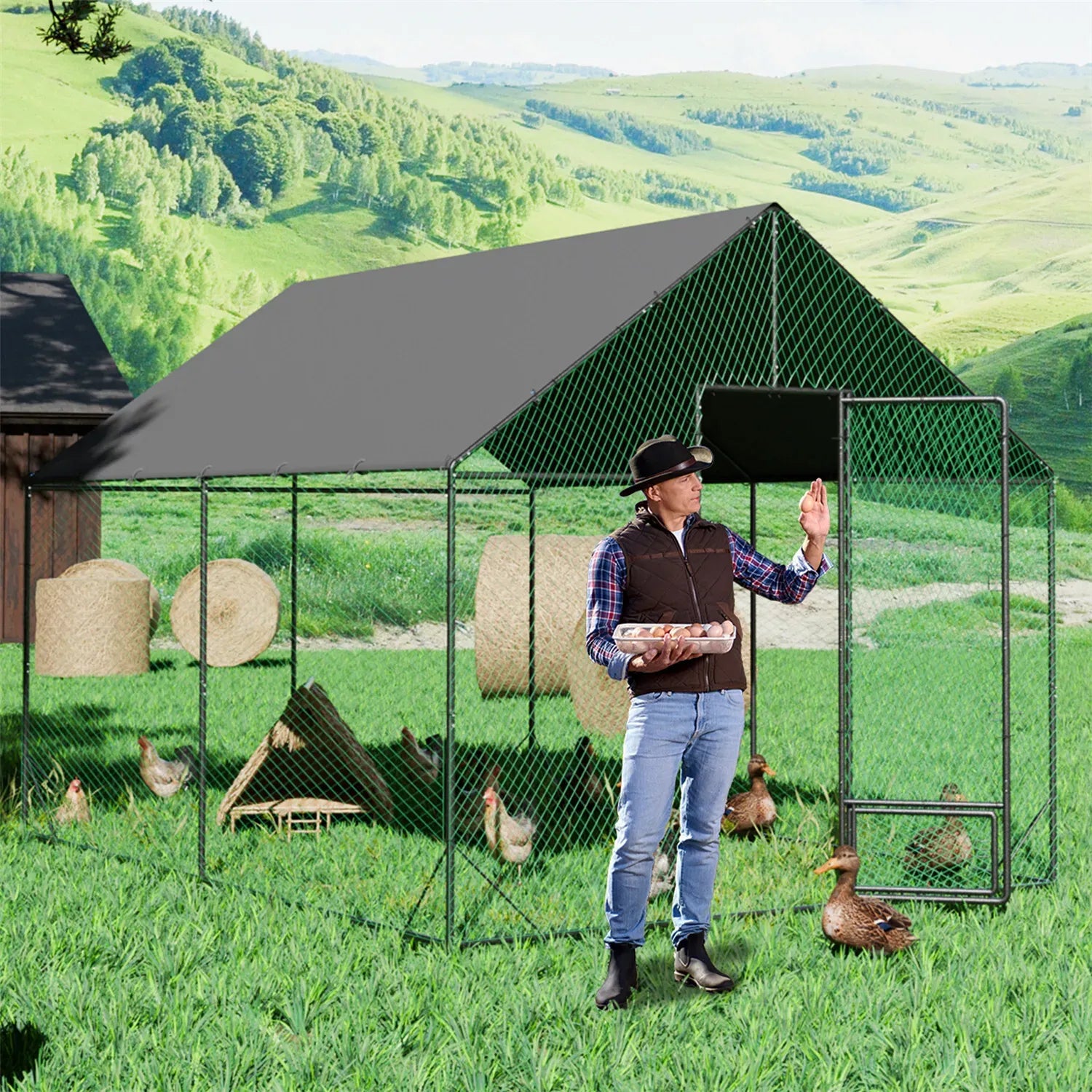 Heavy Duty XL Metal Walk-In Chicken Run with Cover, 276x405x300cm, Black
