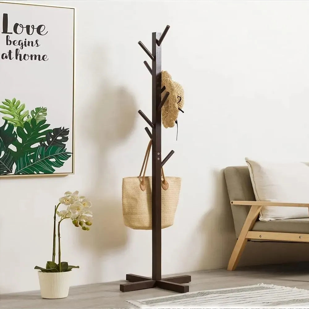 Brown Solid Wood Coat Rack Stand for Entryway - Sturdy Hat and Clothes Hanger