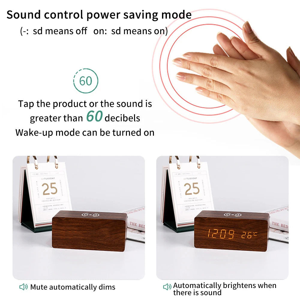Modern Wooden LED Desk Clock with Qi Charger