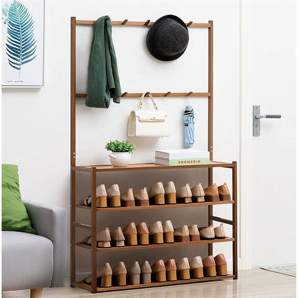 Bamboo 5-Tier Hat Coat Shoe Rack Entryway Bench Hanger Storage