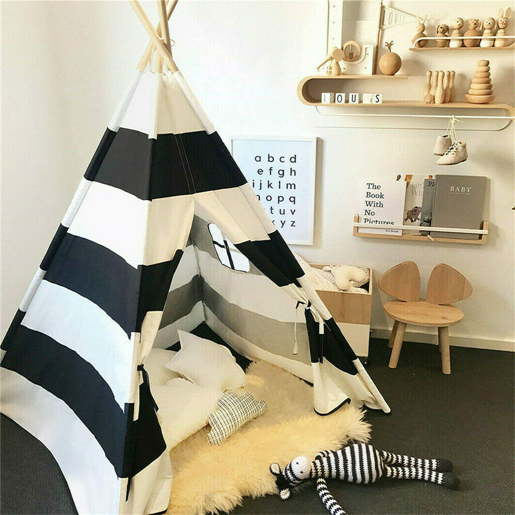Kids Teepee Tent Linen Wood Black White Stripe Playhouse Indoor Garden